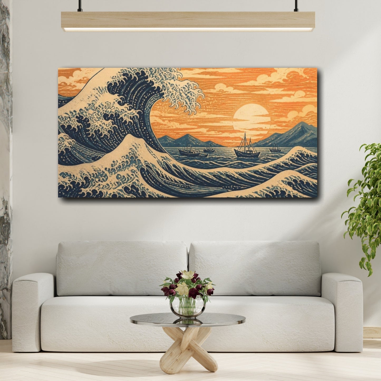 Mockup 2. Sunset Wave Over Fishing Boats shown as canvas print