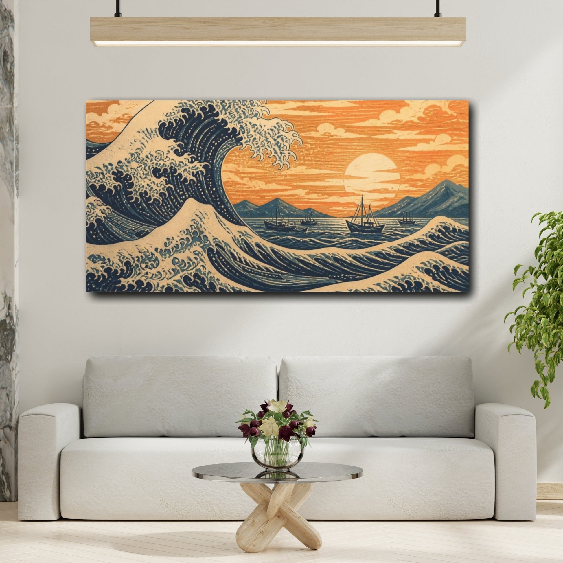 Mockup 2. Sunset Wave Over Fishing Boats shown as canvas print