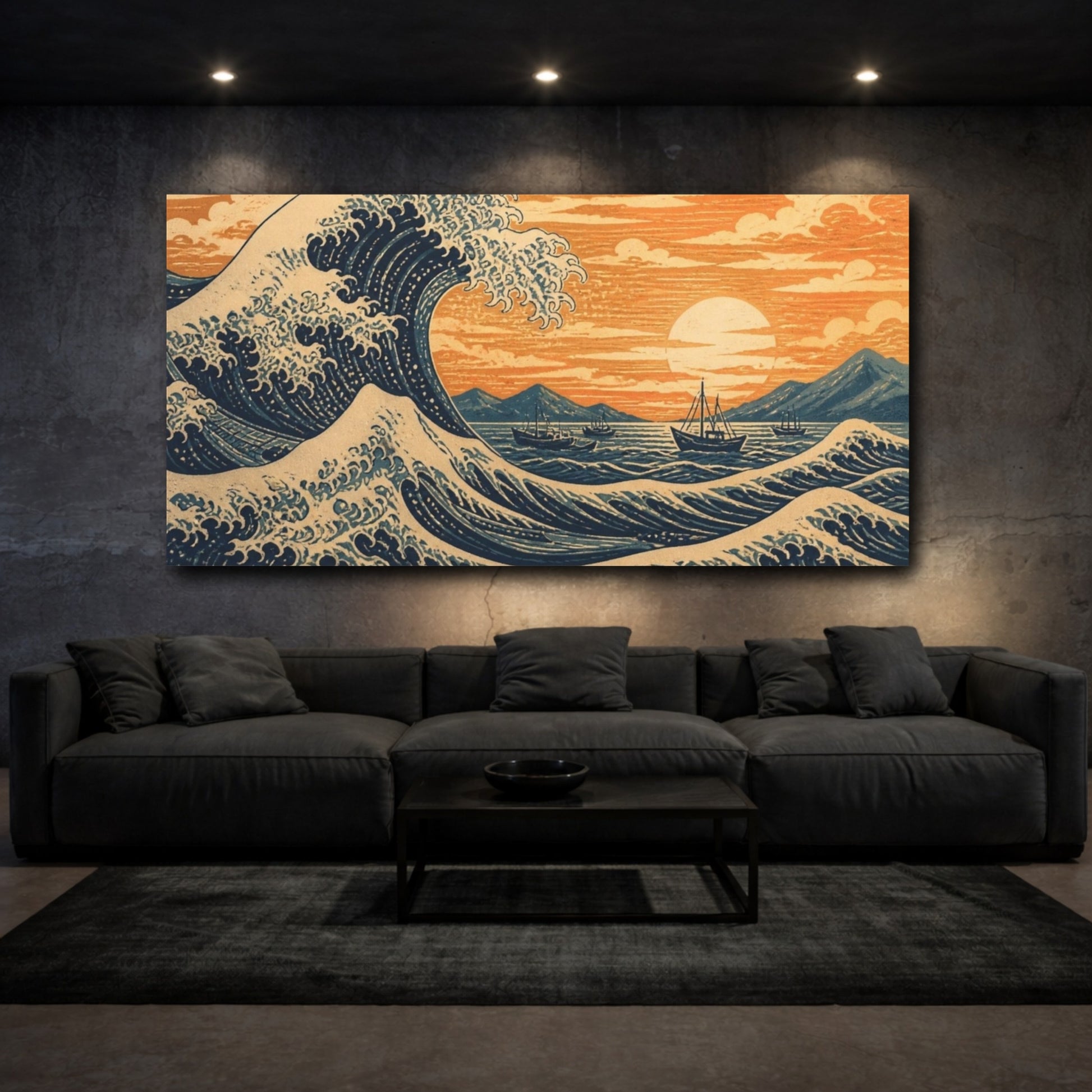 Mockup 3. Sunset Wave Over Fishing Boats shown as canvas print