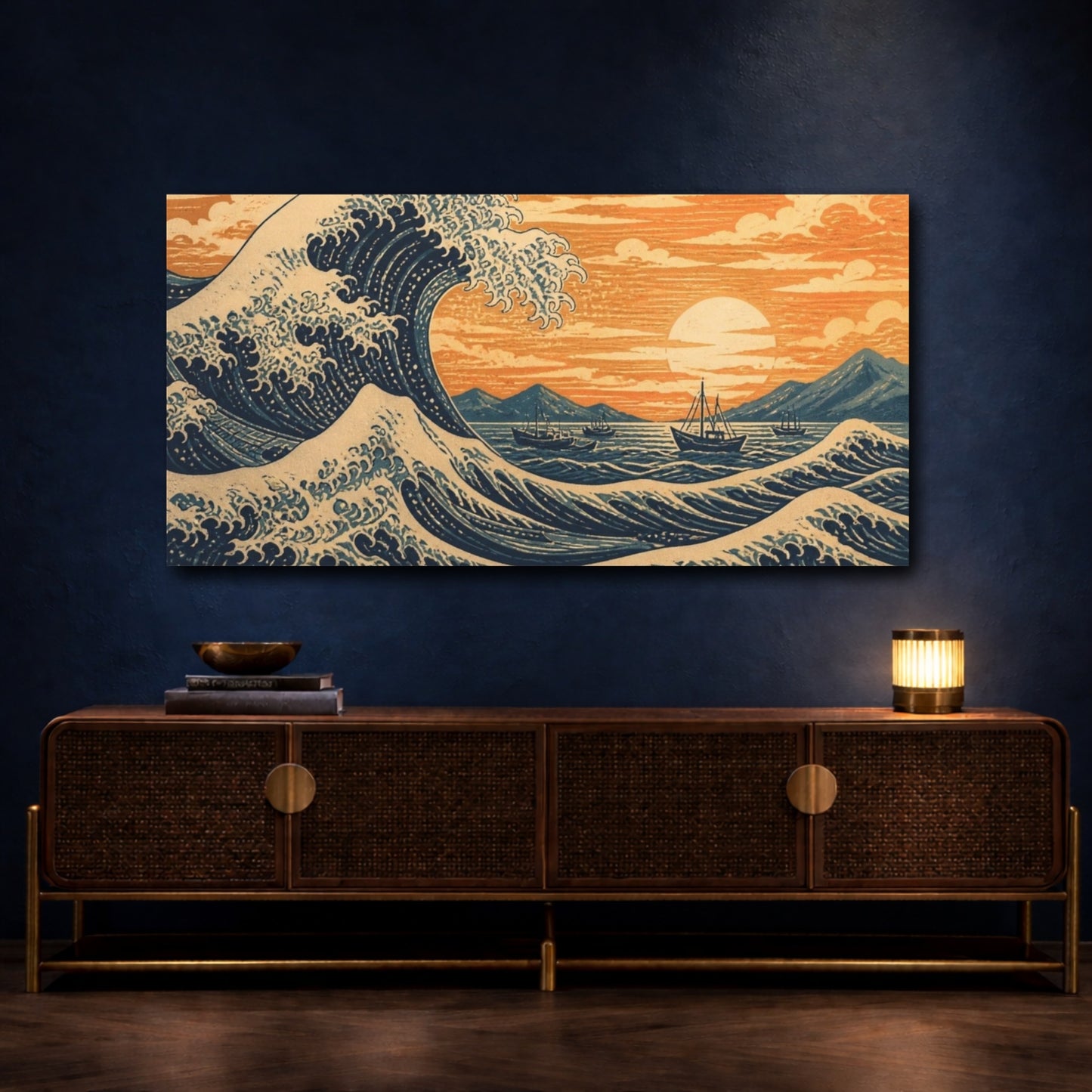 Mockup 4. Sunset Wave Over Fishing Boats shown as canvas print
