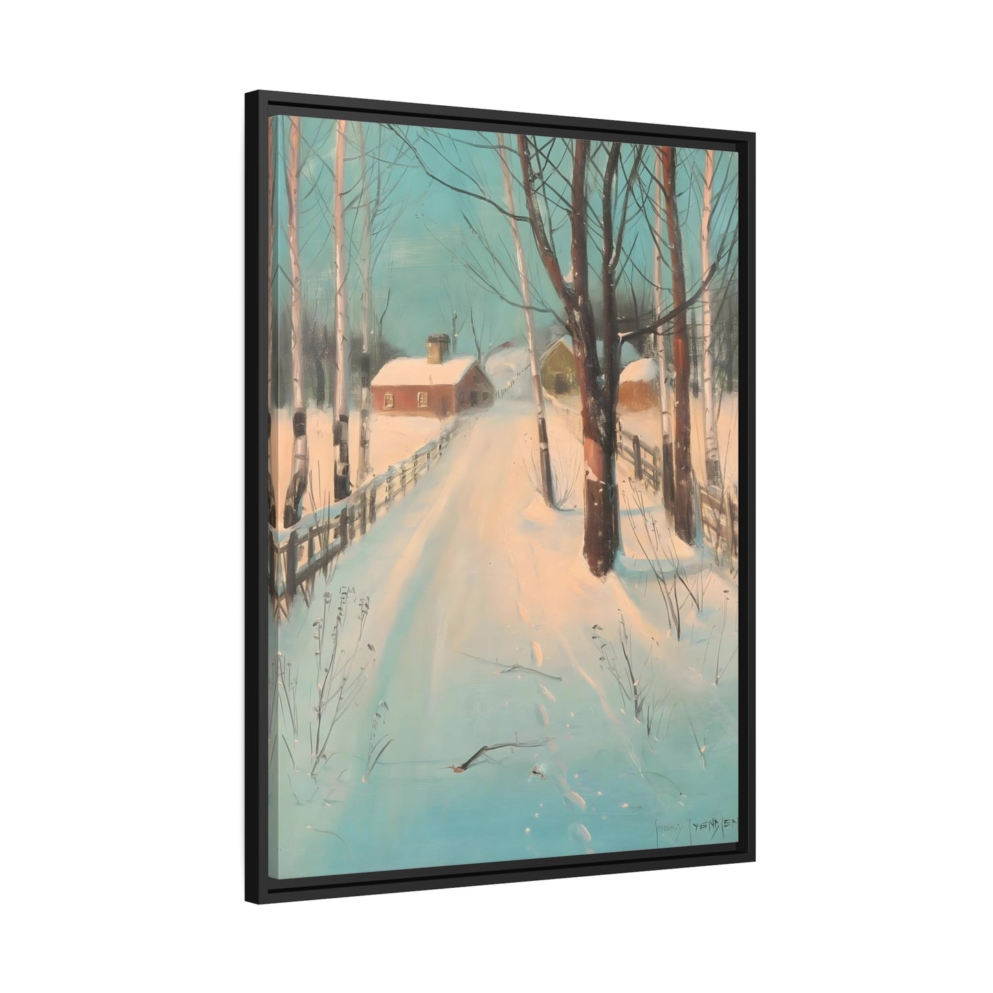 Svend Svendsen Birch Lined Road in Winter - Framed Canvas Wall Art Print in Black Frame