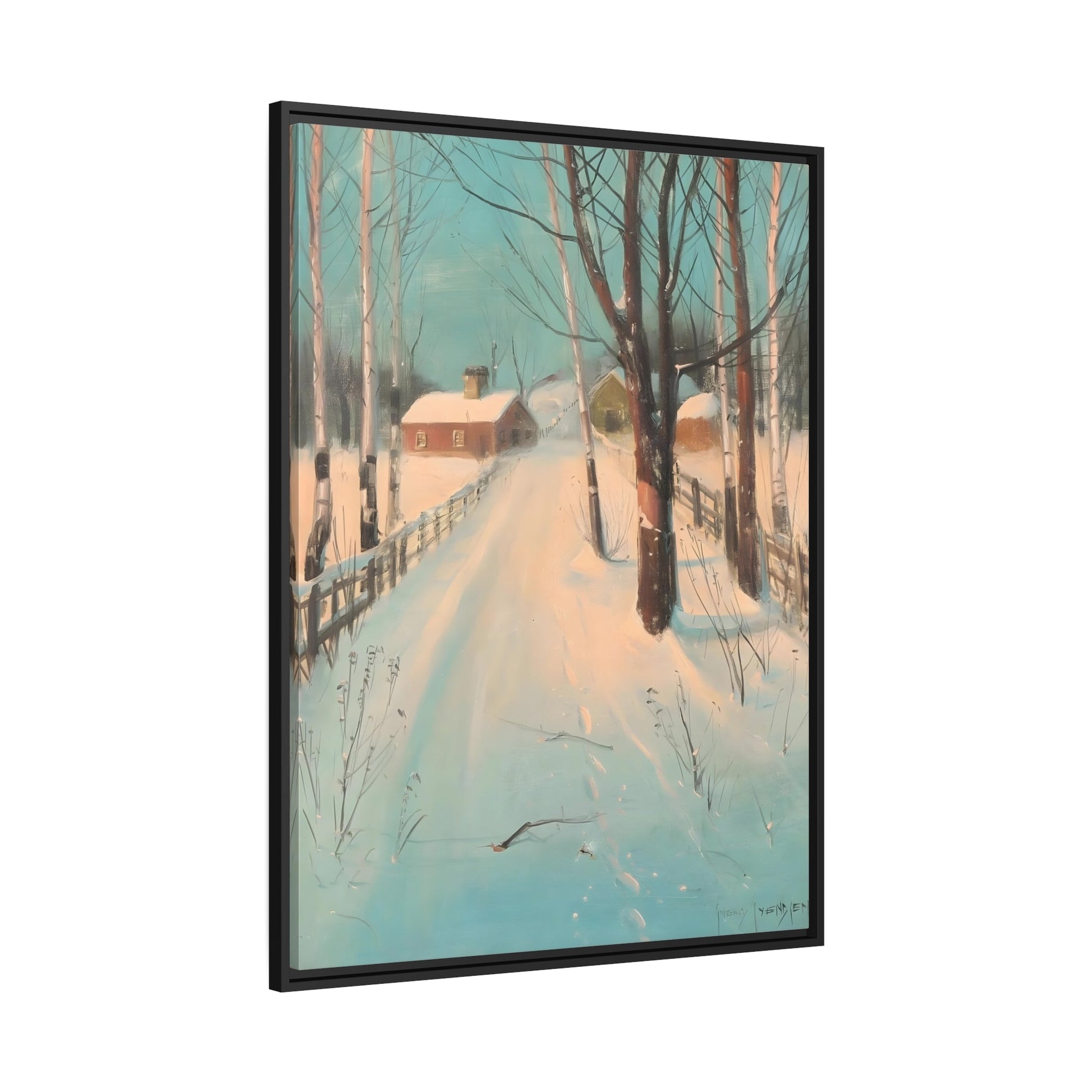 Svend Svendsen Birch Lined Road in Winter - Framed Canvas Wall Art Print in Black Frame