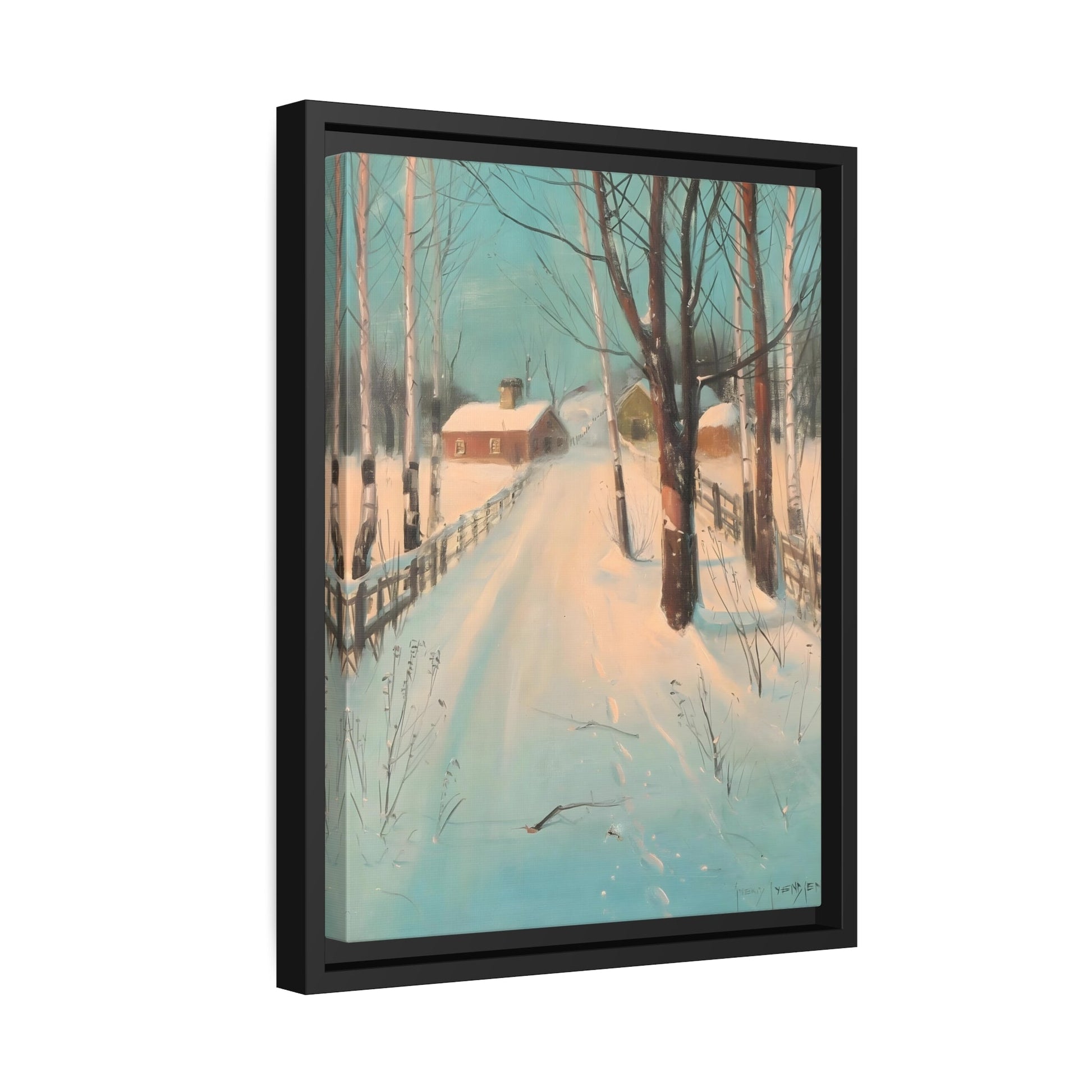 Svend Svendsen Birch Lined Road in Winter - Framed Canvas Wall Art Print in Black Frame