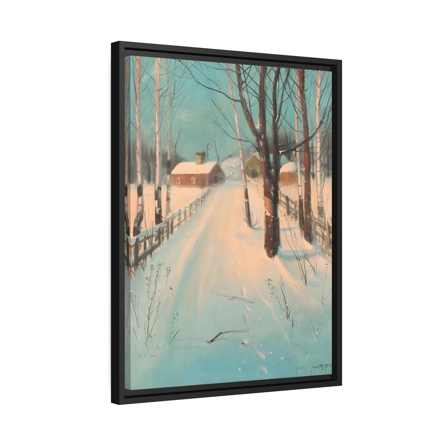 Svend Svendsen Birch Lined Road in Winter - Framed Canvas Wall Art Print in Black Frame