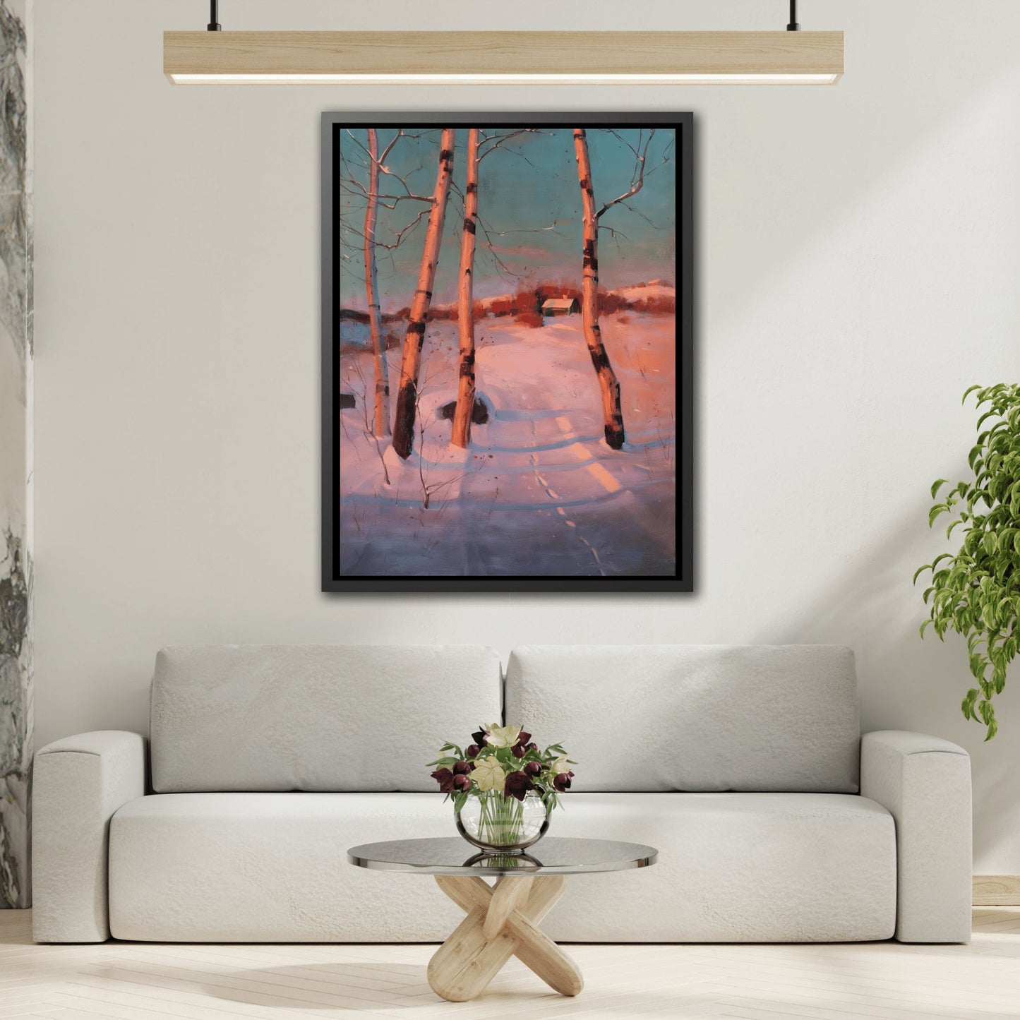 Svend Svendsen - Snowy Sunset Landscape - Framed Canvas Wall Art Print in Black Frame