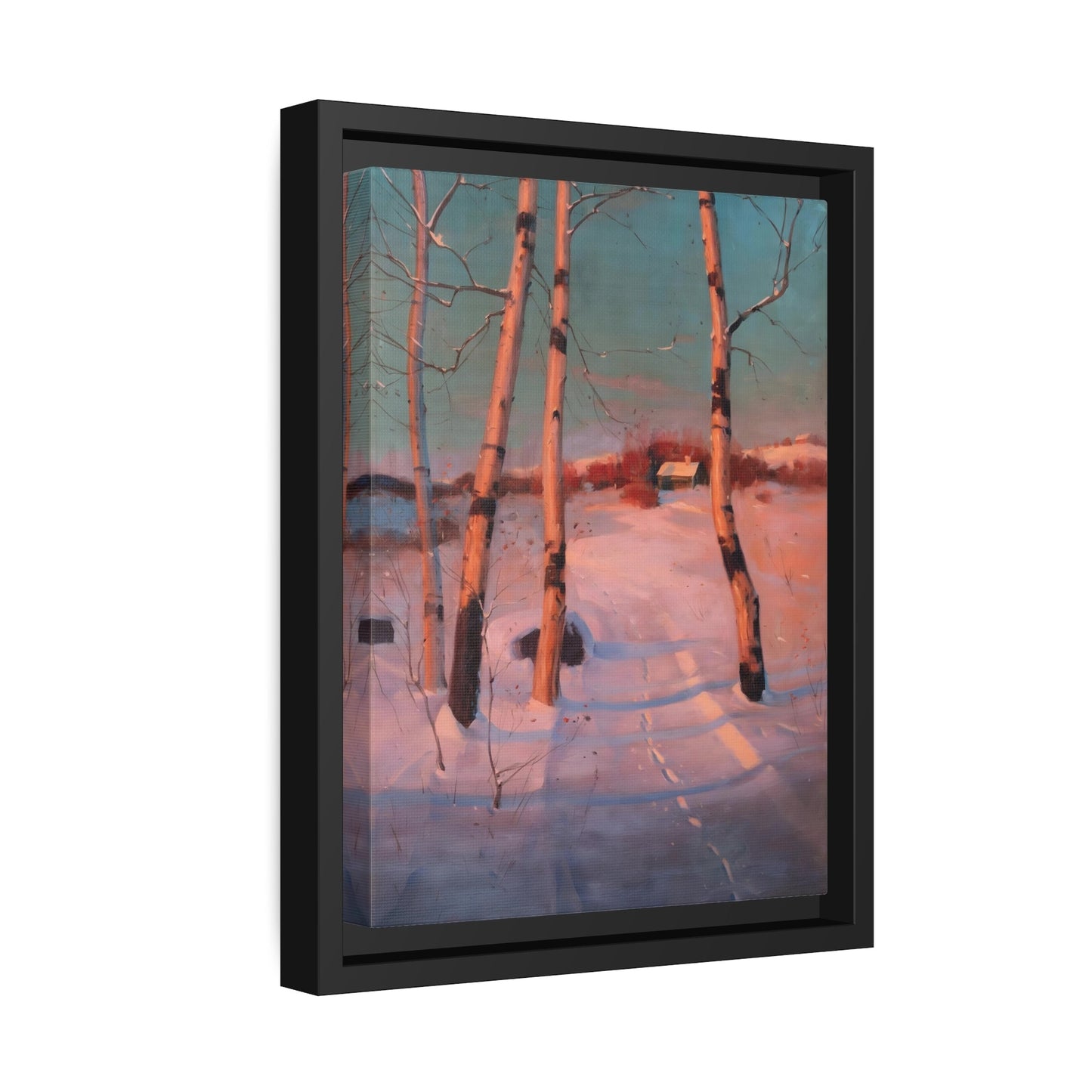 Svend Svendsen - Snowy Sunset Landscape - Framed Canvas Wall Art Print in Black Frame