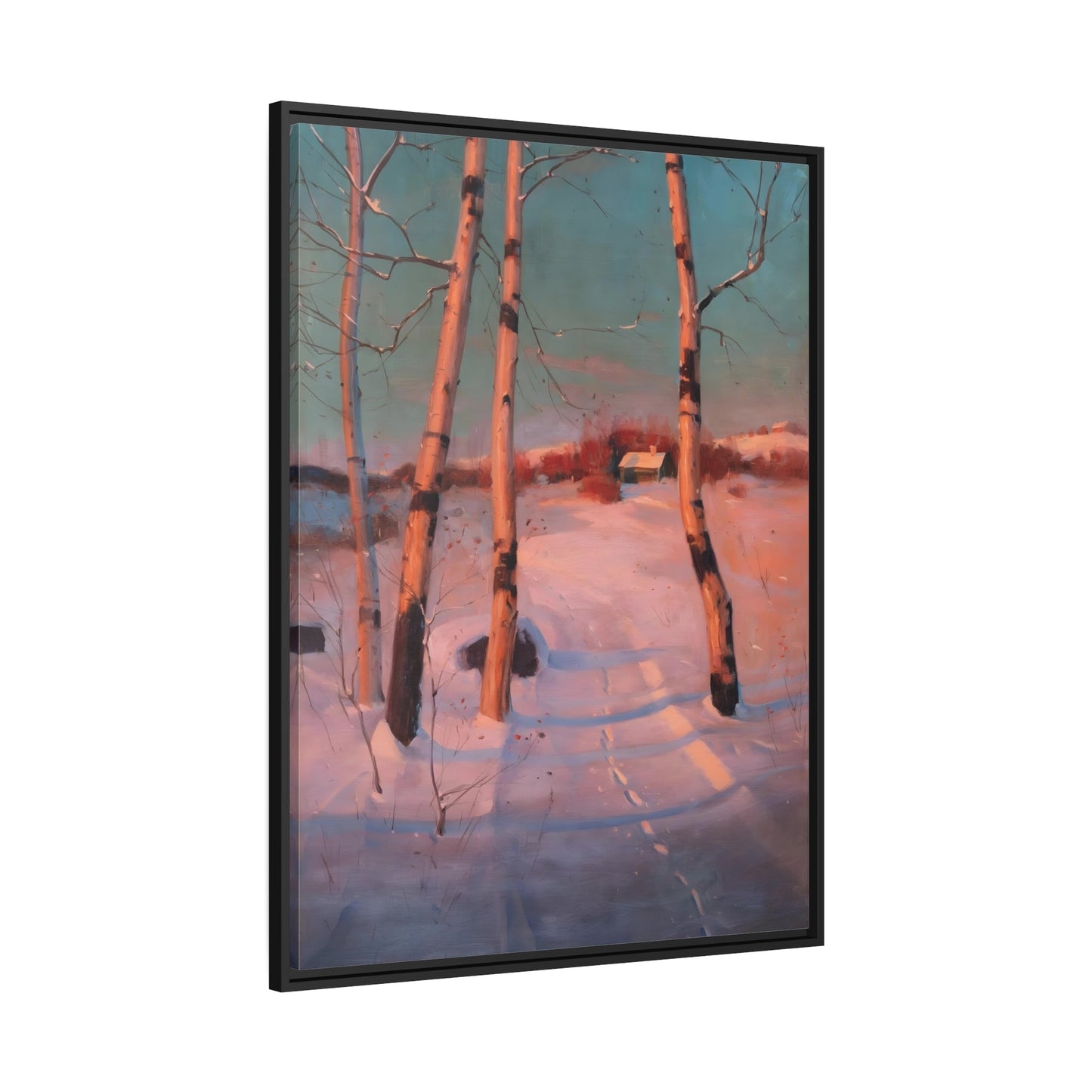 Svend Svendsen - Snowy Sunset Landscape - Framed Canvas Wall Art Print in Black Frame