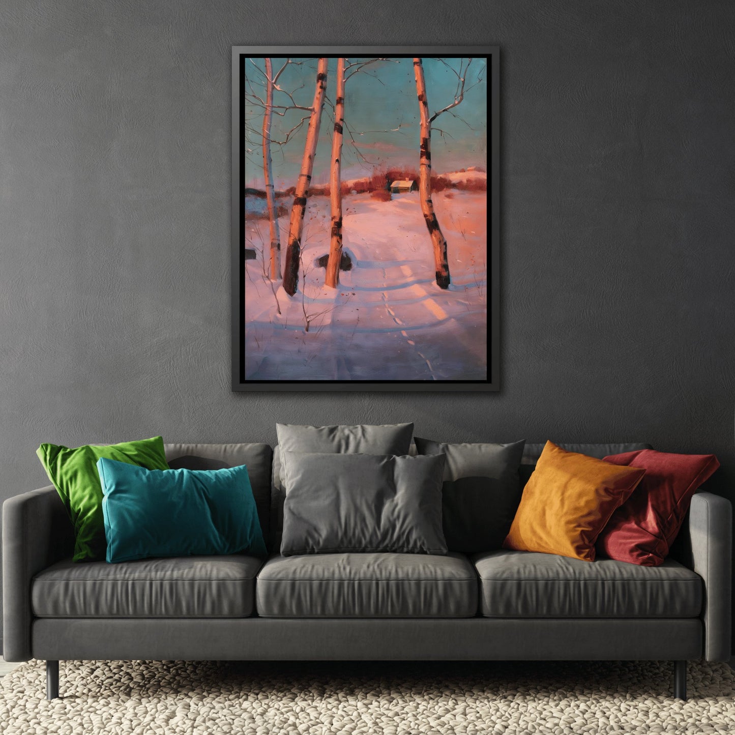 Svend Svendsen - Snowy Sunset Landscape - Framed Canvas Wall Art Print in Black Frame