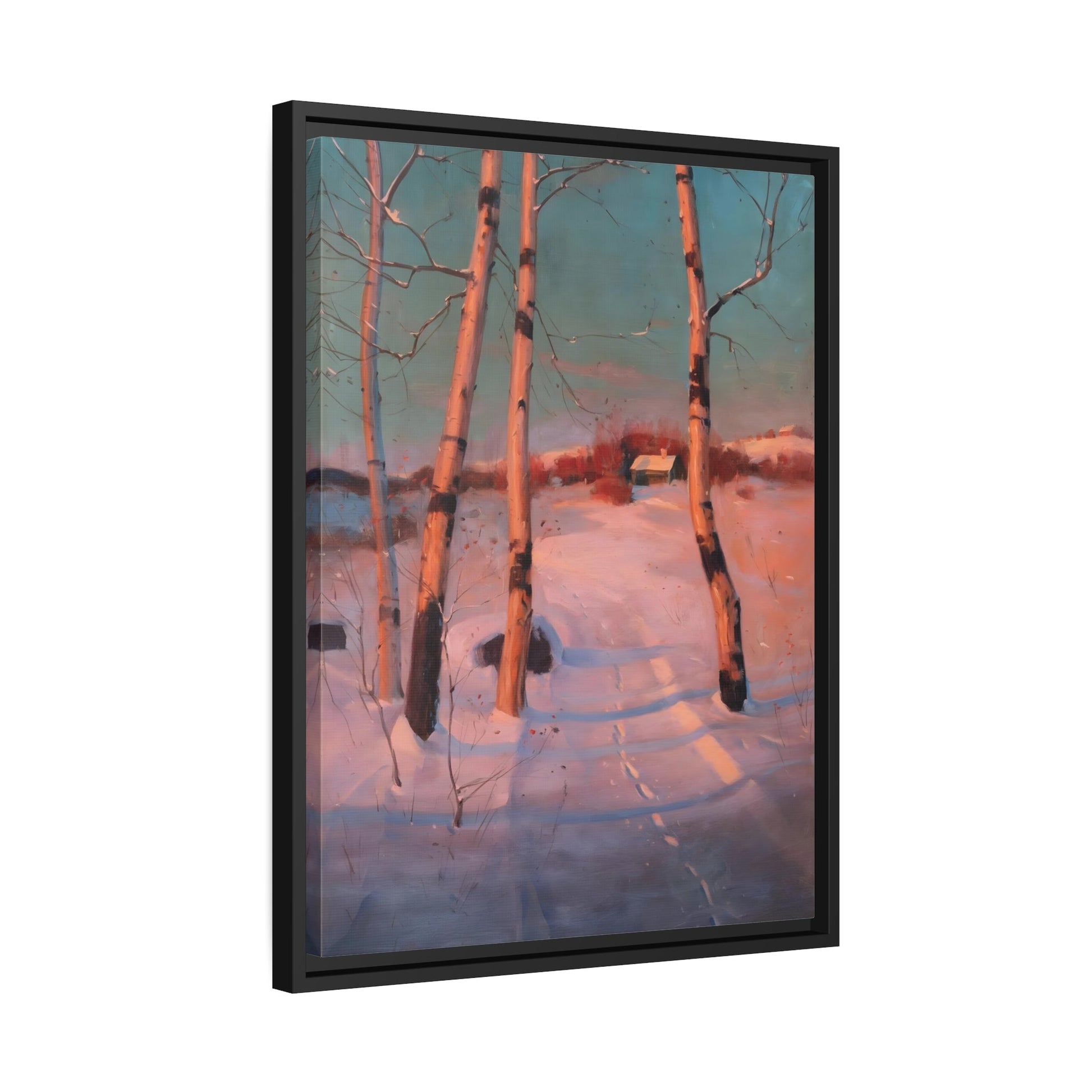 Svend Svendsen - Snowy Sunset Landscape - Framed Canvas Wall Art Print in Black Frame