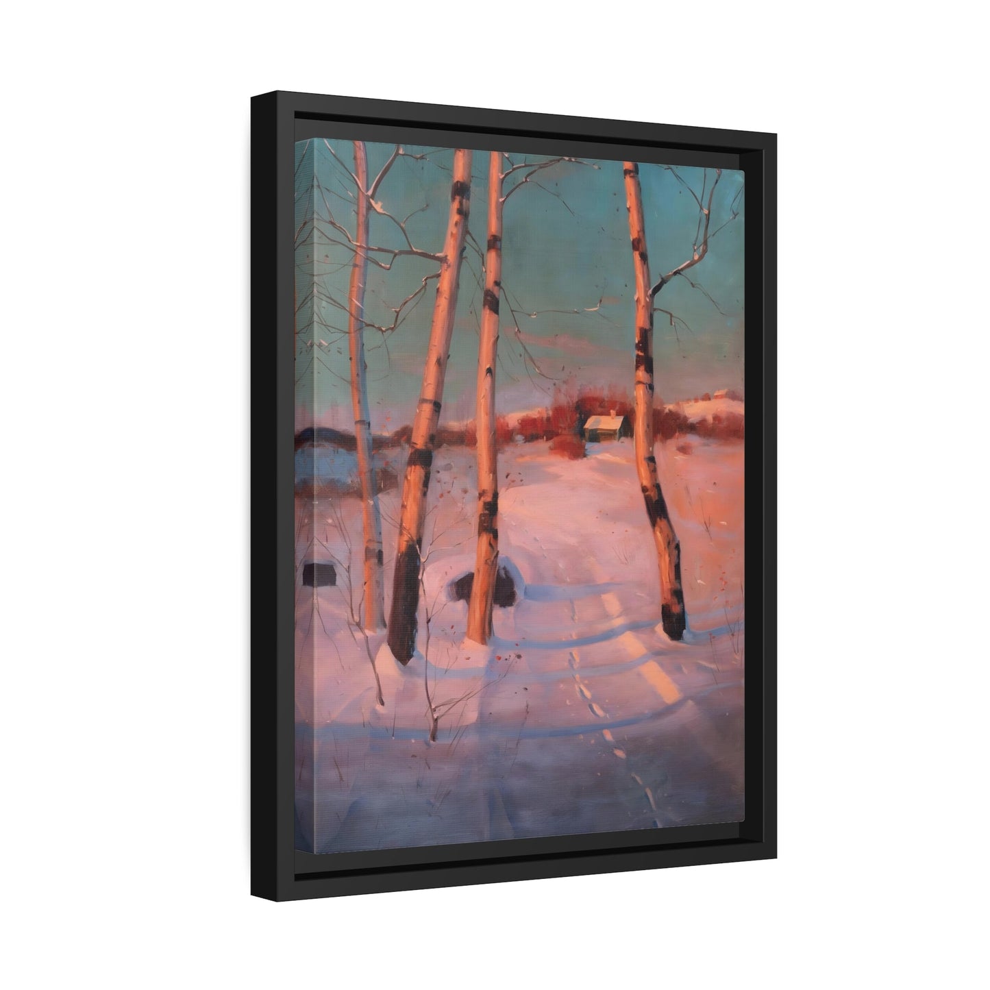 Svend Svendsen - Snowy Sunset Landscape - Framed Canvas Wall Art Print in Black Frame