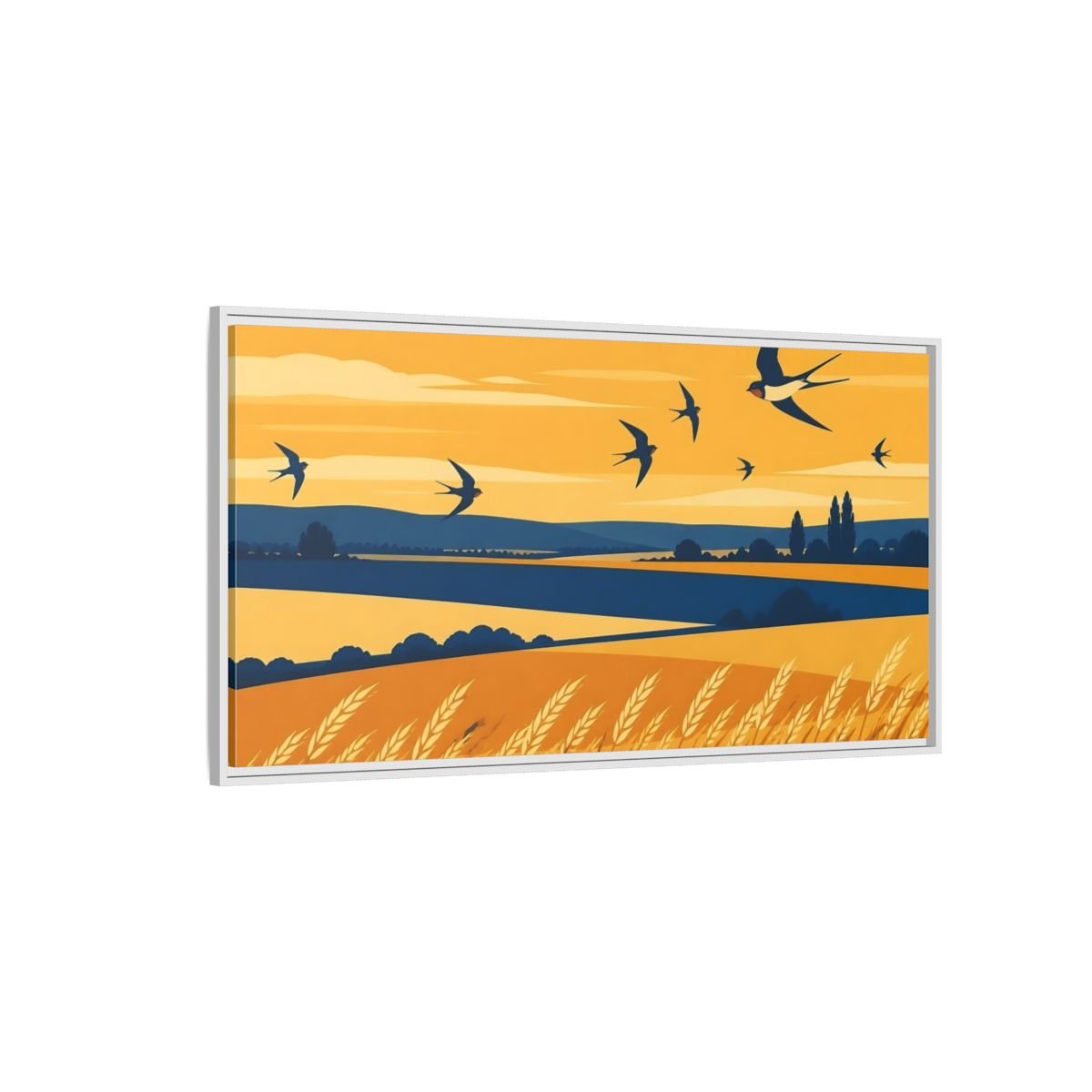 Swallows Over Wheat Field Framed Canvas Print – Living Room, Above Console Table, Golden Yellow & Deep Blue - YesArtYes