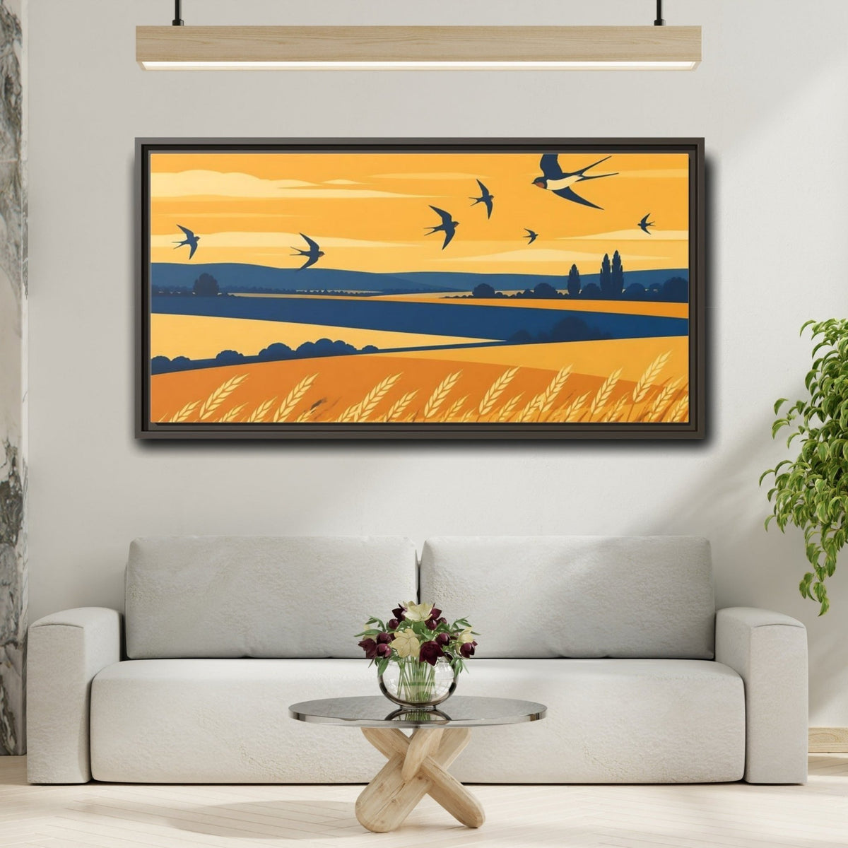 Swallows Over Wheat Field Framed Canvas Print – Living Room, Above Console Table, Golden Yellow & Deep Blue - YesArtYes