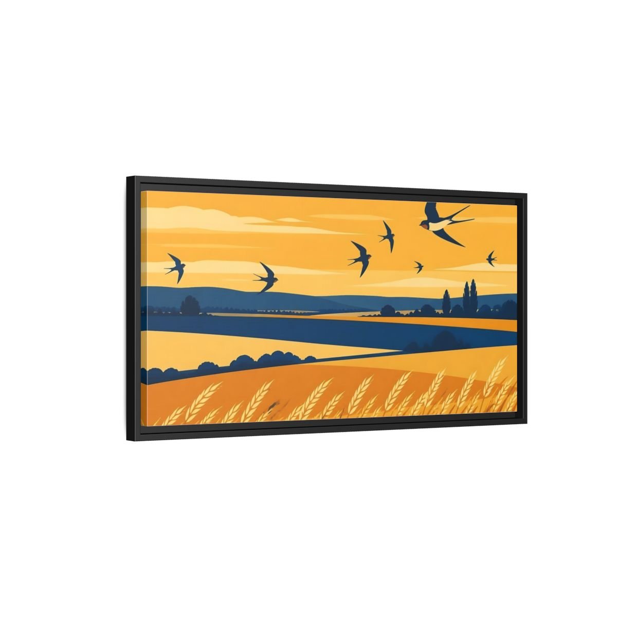 Swallows Over Wheat Field Framed Canvas Print – Living Room, Above Console Table, Golden Yellow & Deep Blue - YesArtYes