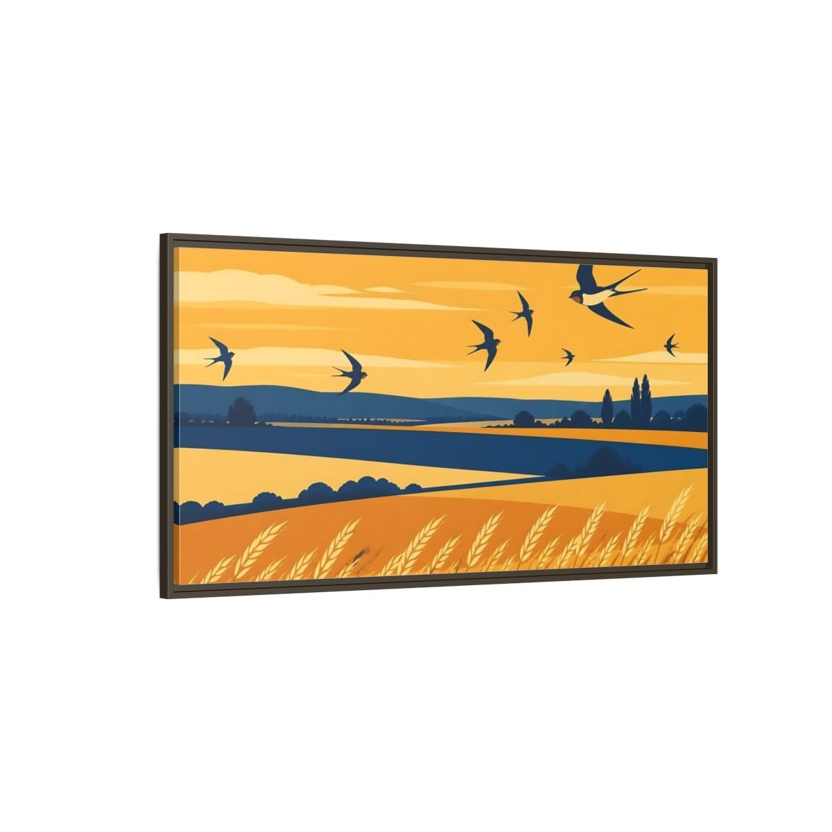 Swallows Over Wheat Field Framed Canvas Print – Living Room, Above Console Table, Golden Yellow & Deep Blue - YesArtYes