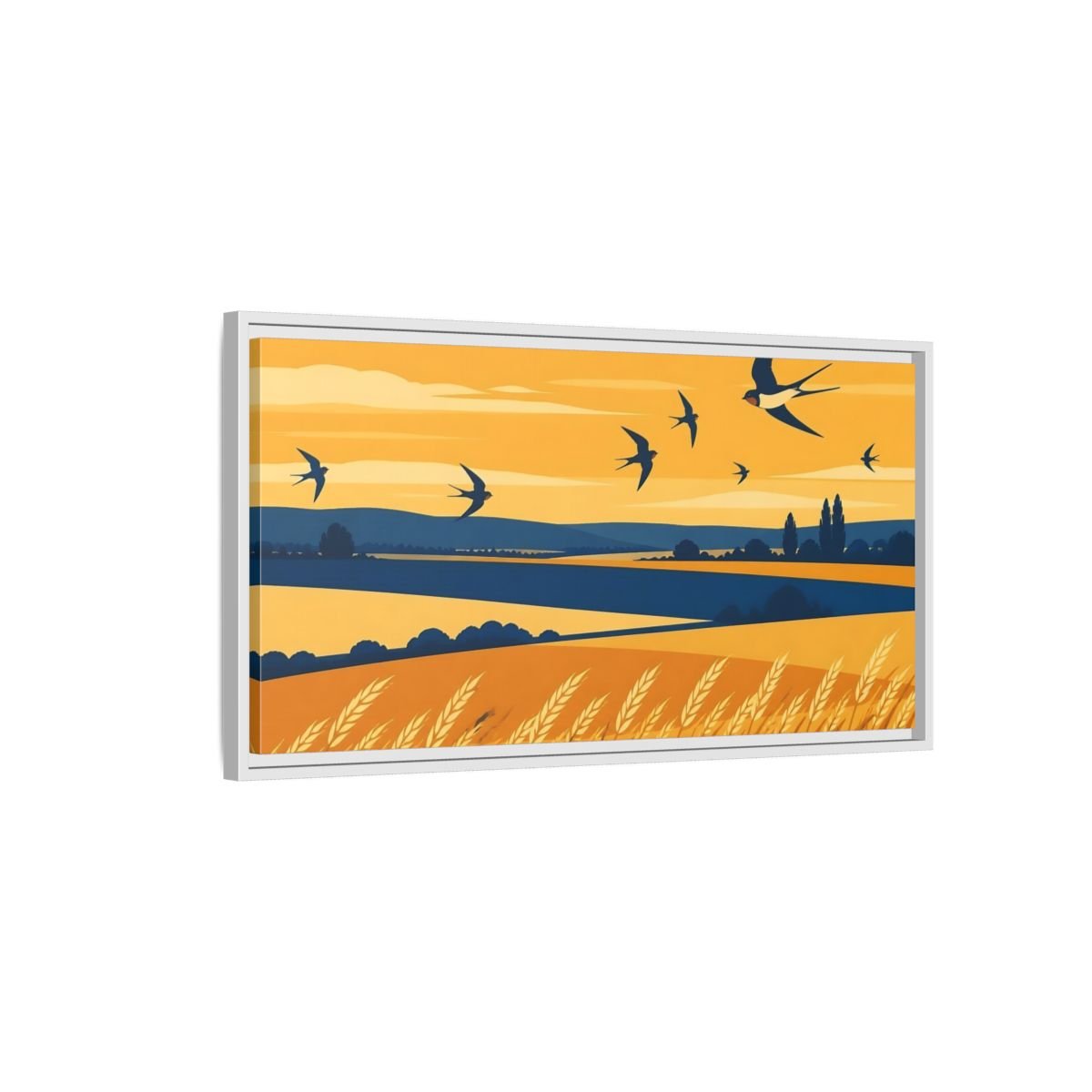 Swallows Over Wheat Field Framed Canvas Print – Living Room, Above Console Table, Golden Yellow & Deep Blue - YesArtYes