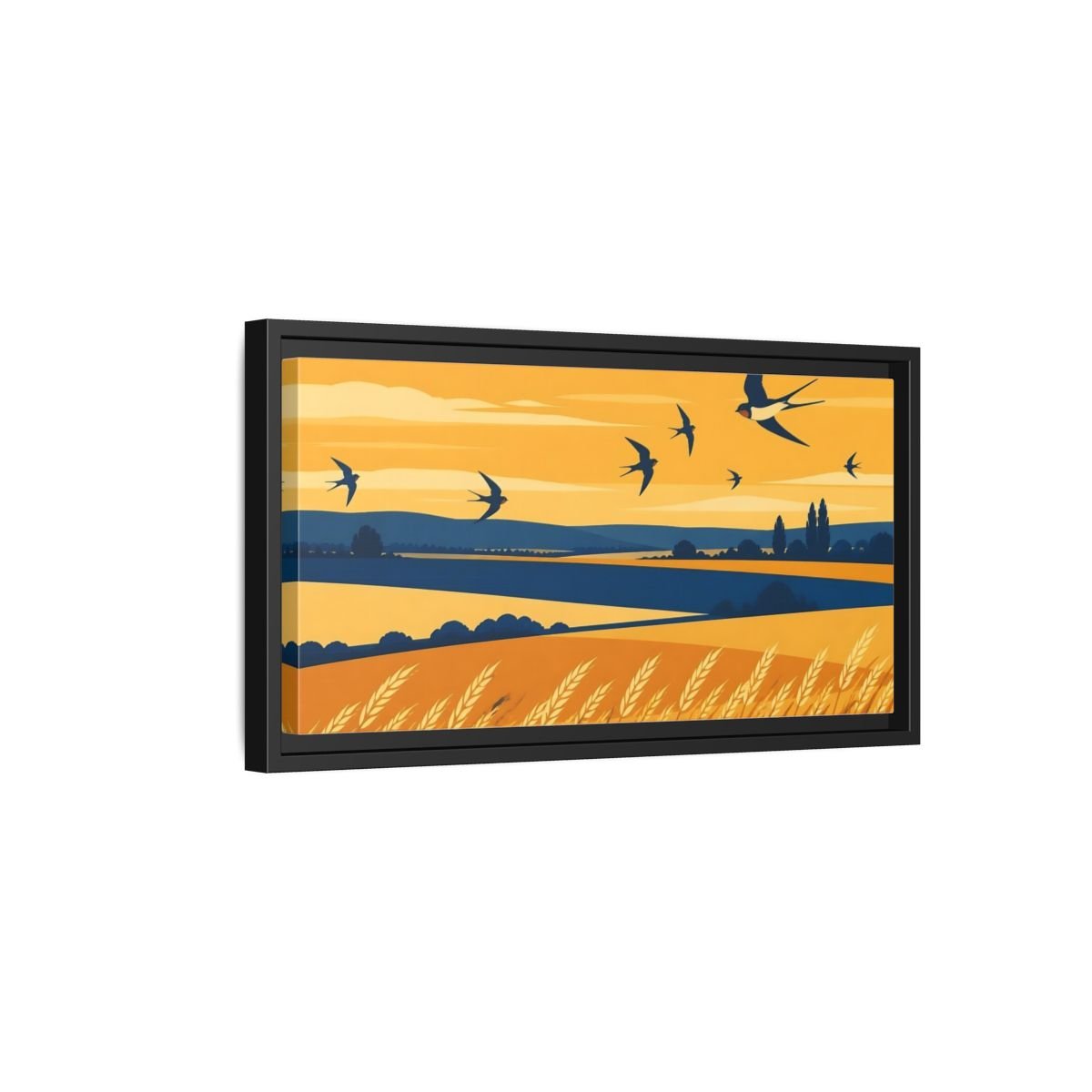 Swallows Over Wheat Field Framed Canvas Print – Living Room, Above Console Table, Golden Yellow & Deep Blue - YesArtYes