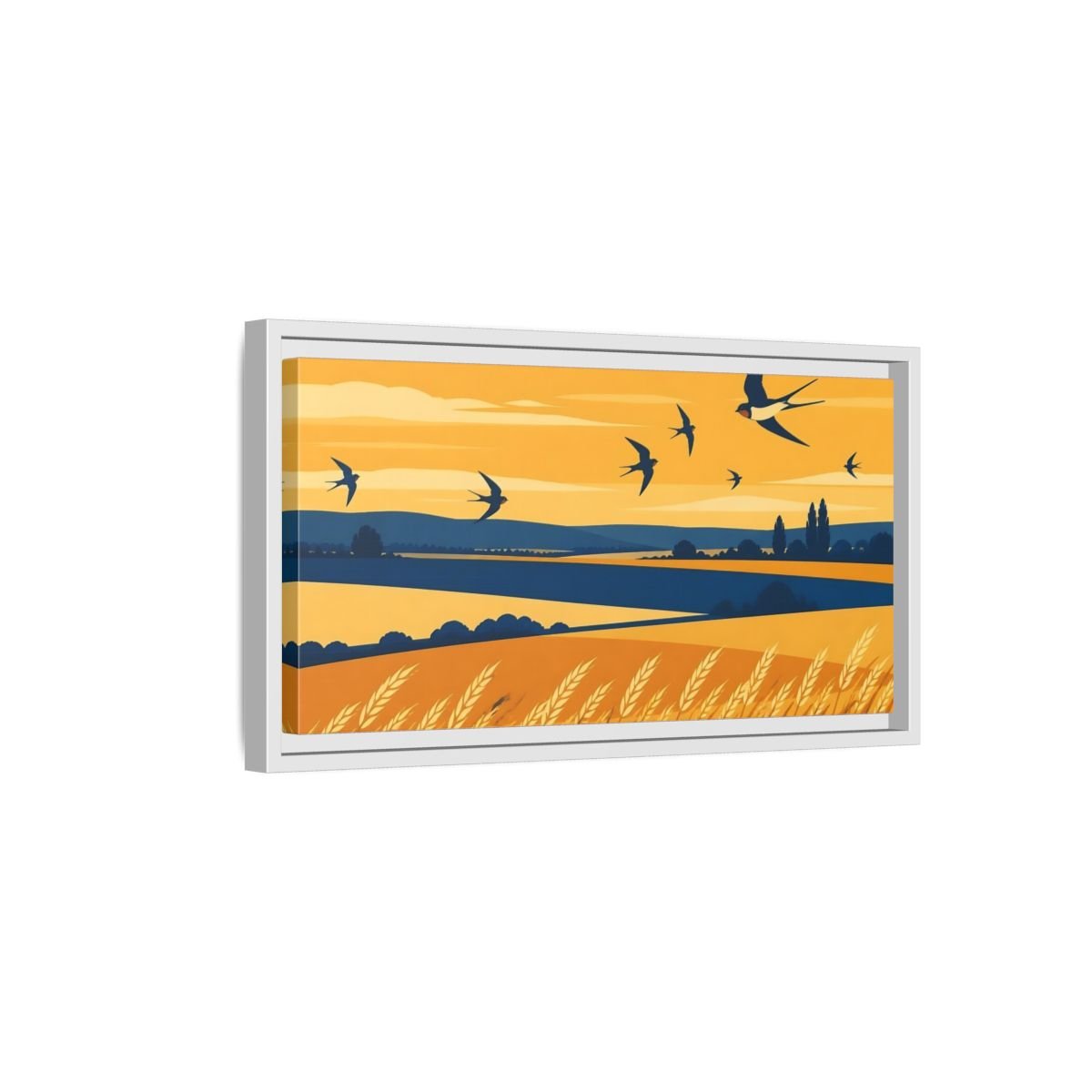 Swallows Over Wheat Field Framed Canvas Print – Living Room, Above Console Table, Golden Yellow & Deep Blue - YesArtYes