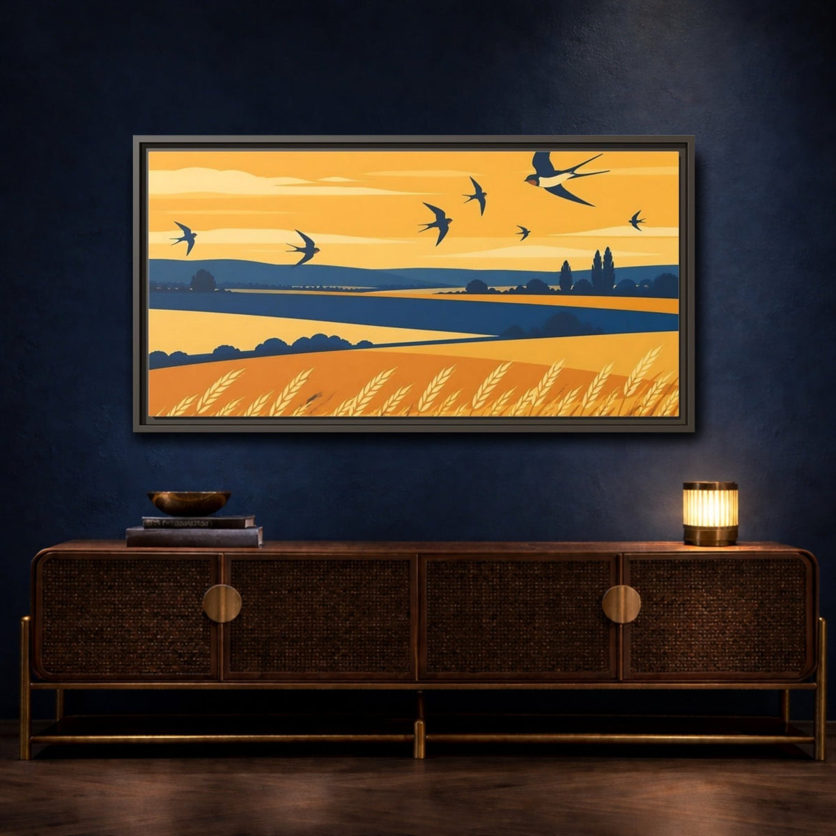 Swallows Over Wheat Field Framed Canvas Print – Living Room, Above Console Table, Golden Yellow & Deep Blue - YesArtYes