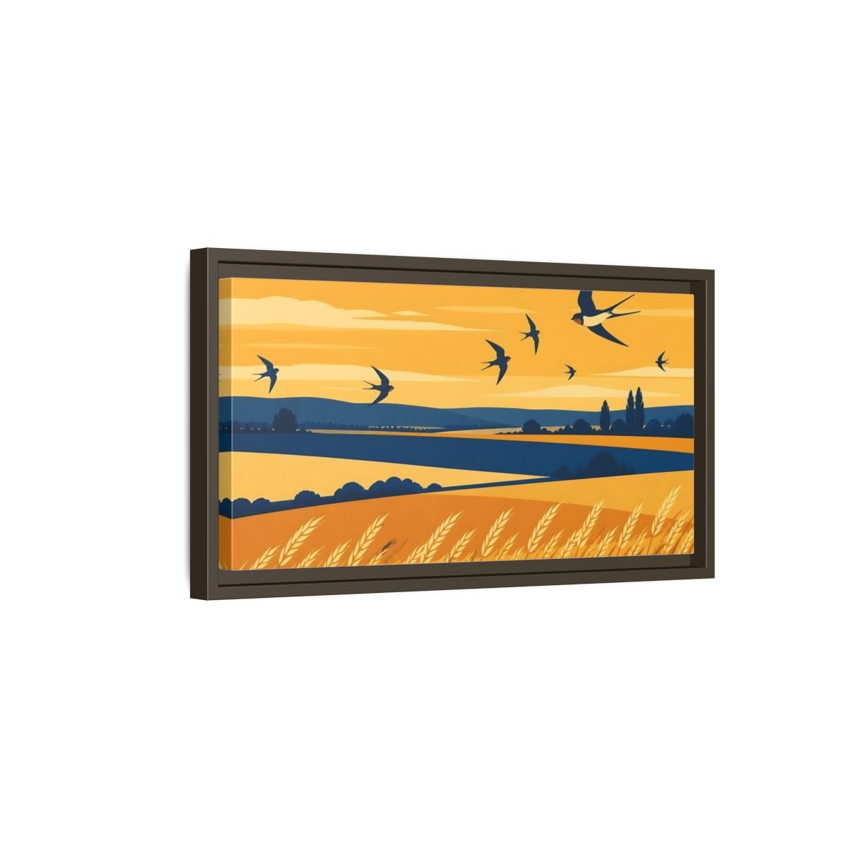 Swallows Over Wheat Field Framed Canvas Print – Living Room, Above Console Table, Golden Yellow & Deep Blue - YesArtYes