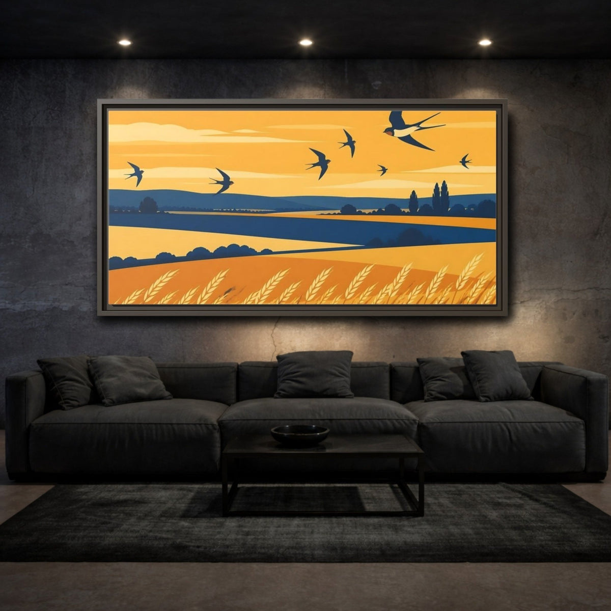 Swallows Over Wheat Field Framed Canvas Print – Living Room, Above Console Table, Golden Yellow & Deep Blue - YesArtYes