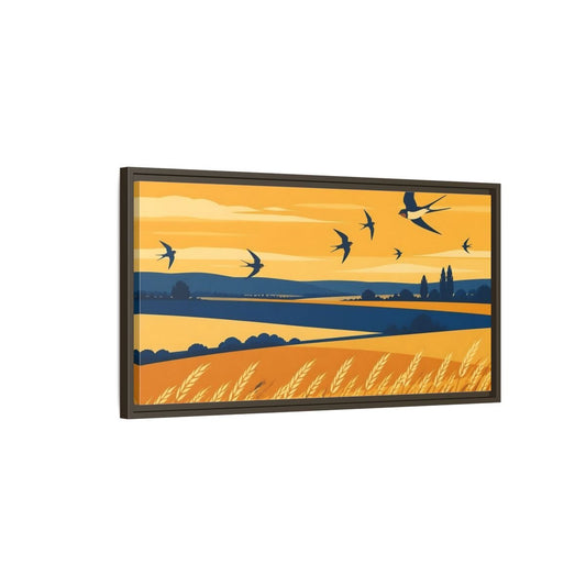 Swallows Over Wheat Field Framed Canvas Print – Living Room, Above Console Table, Golden Yellow & Deep Blue - YesArtYes
