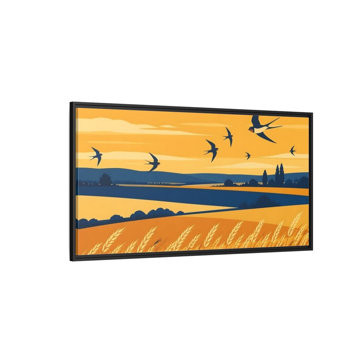 Swallows Over Wheat Field Framed Canvas Print – Living Room, Above Console Table, Golden Yellow & Deep Blue - YesArtYes