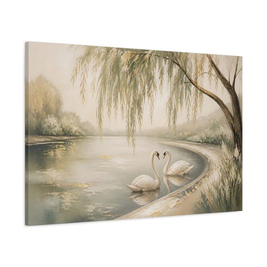 Main Mockup. Swans By Willow Lake shown as canvas print
