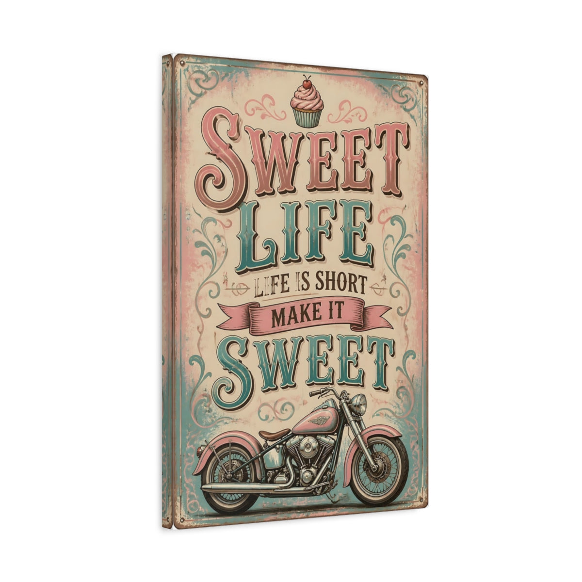 Side Mockup 3. Sweet Life Quote Motorcycle shown as canvas print