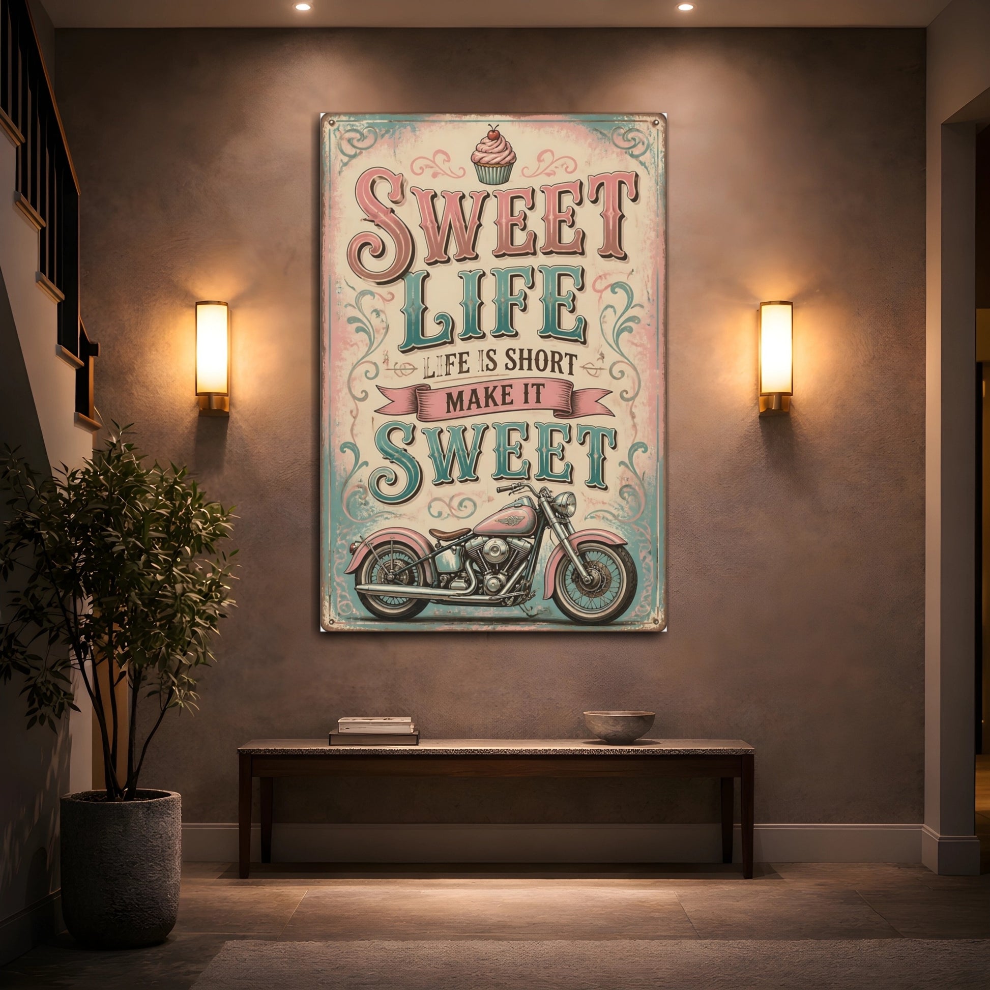 Mockup 2. Sweet Life Quote Motorcycle shown as canvas print