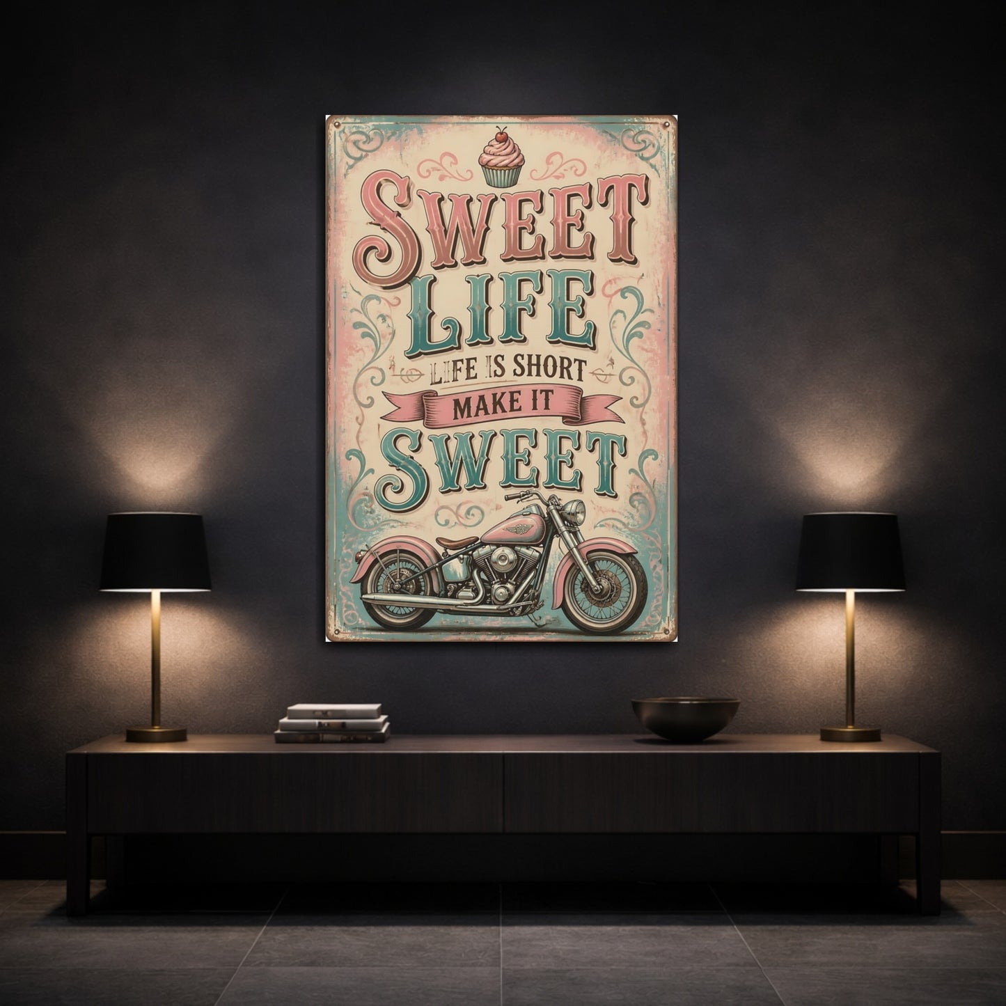 Mockup 3. Sweet Life Quote Motorcycle shown as canvas print
