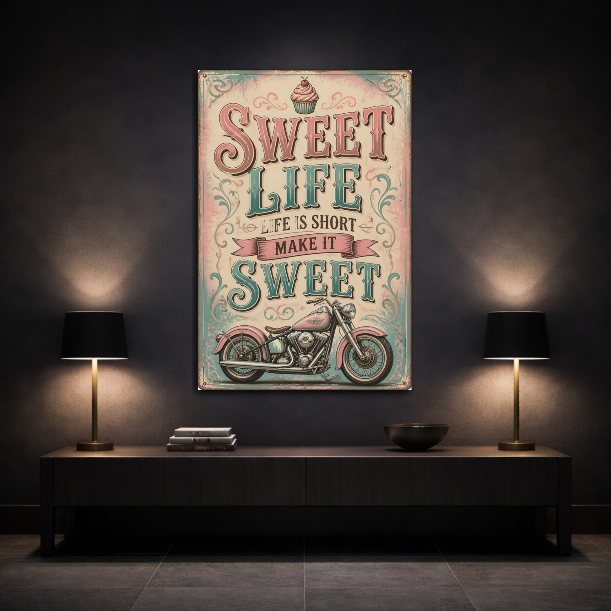 Mockup 3. Sweet Life Quote Motorcycle shown as canvas print