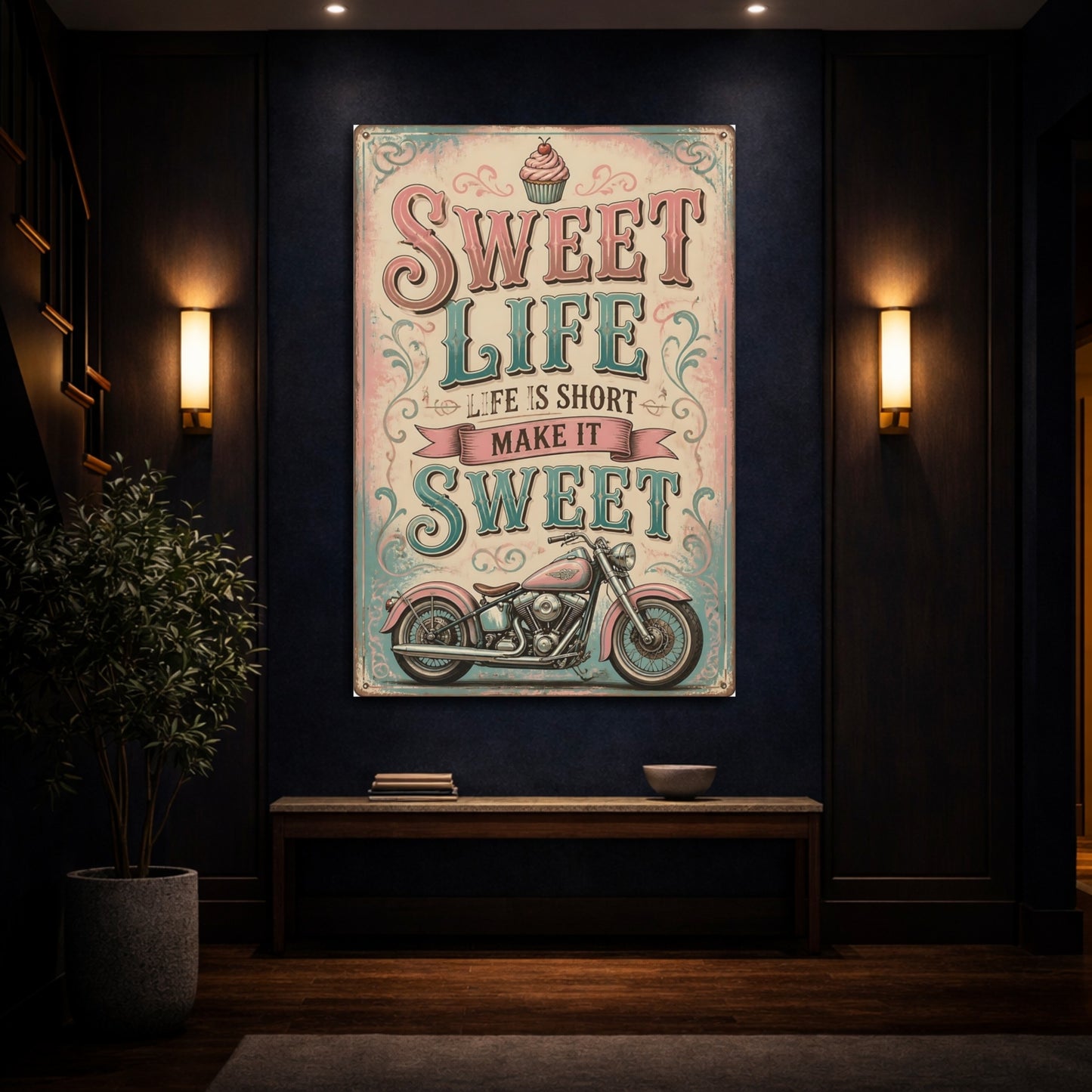 Mockup 4. Sweet Life Quote Motorcycle shown as canvas print