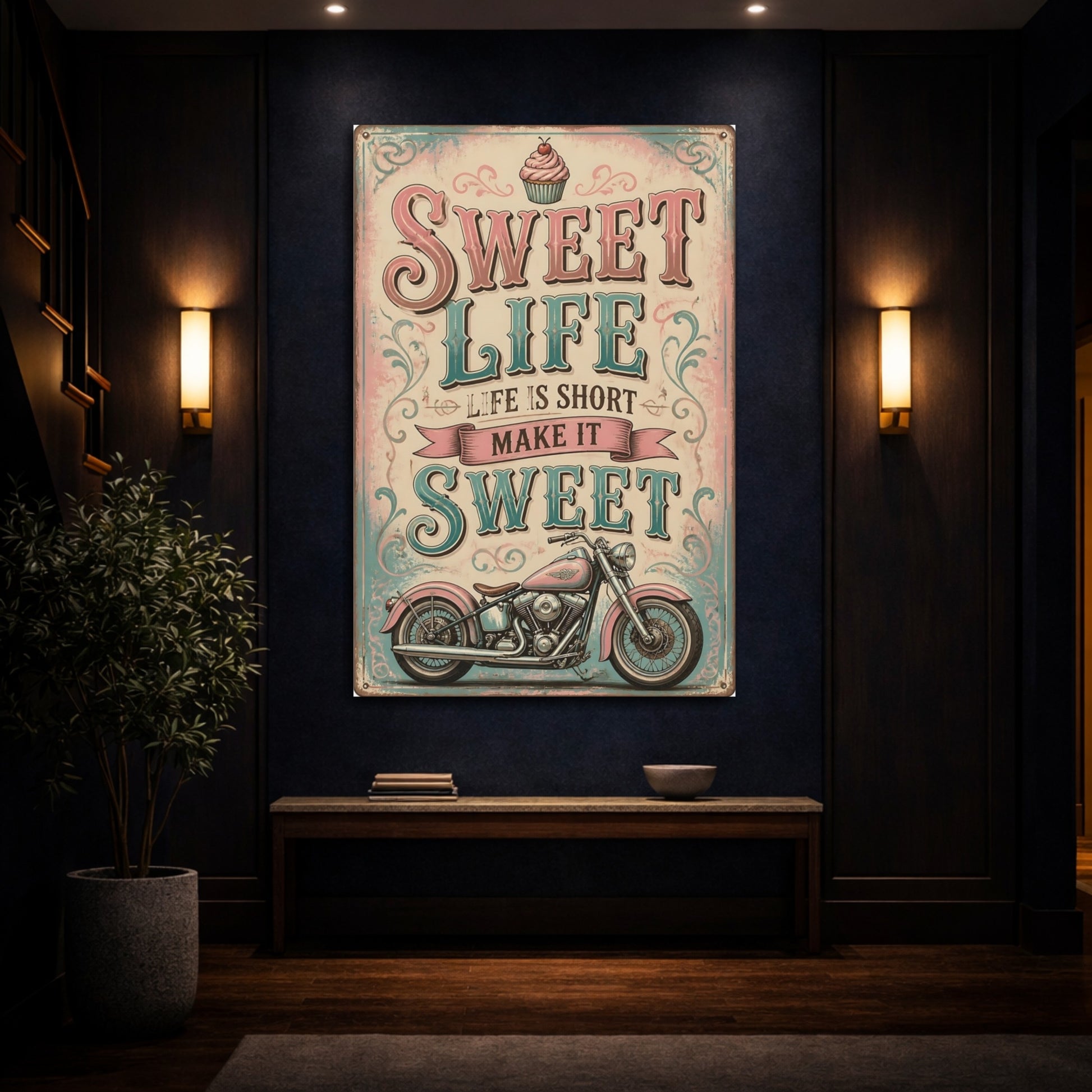 Mockup 4. Sweet Life Quote Motorcycle shown as canvas print