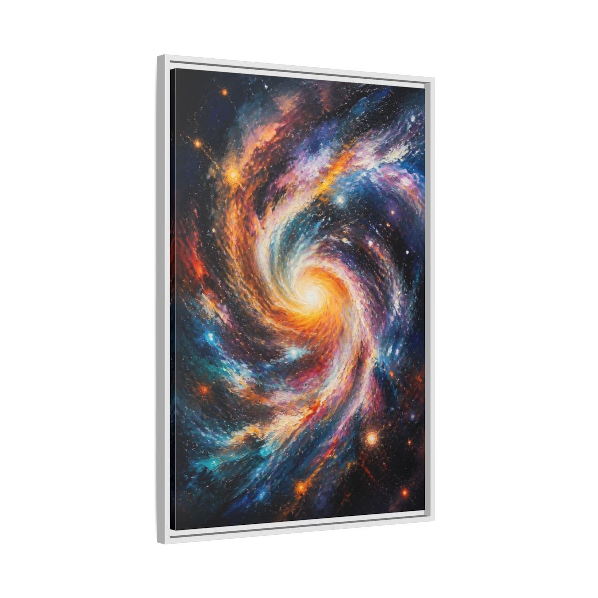Side Mockup 9. Swirling Spiral Galaxy shown as framed canvas print