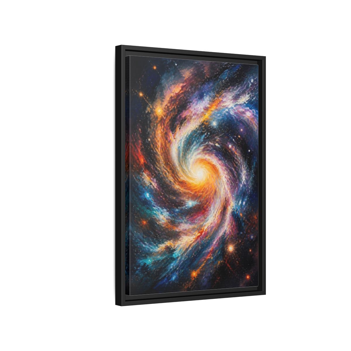 Side Mockup 3. Swirling Spiral Galaxy shown as framed canvas print