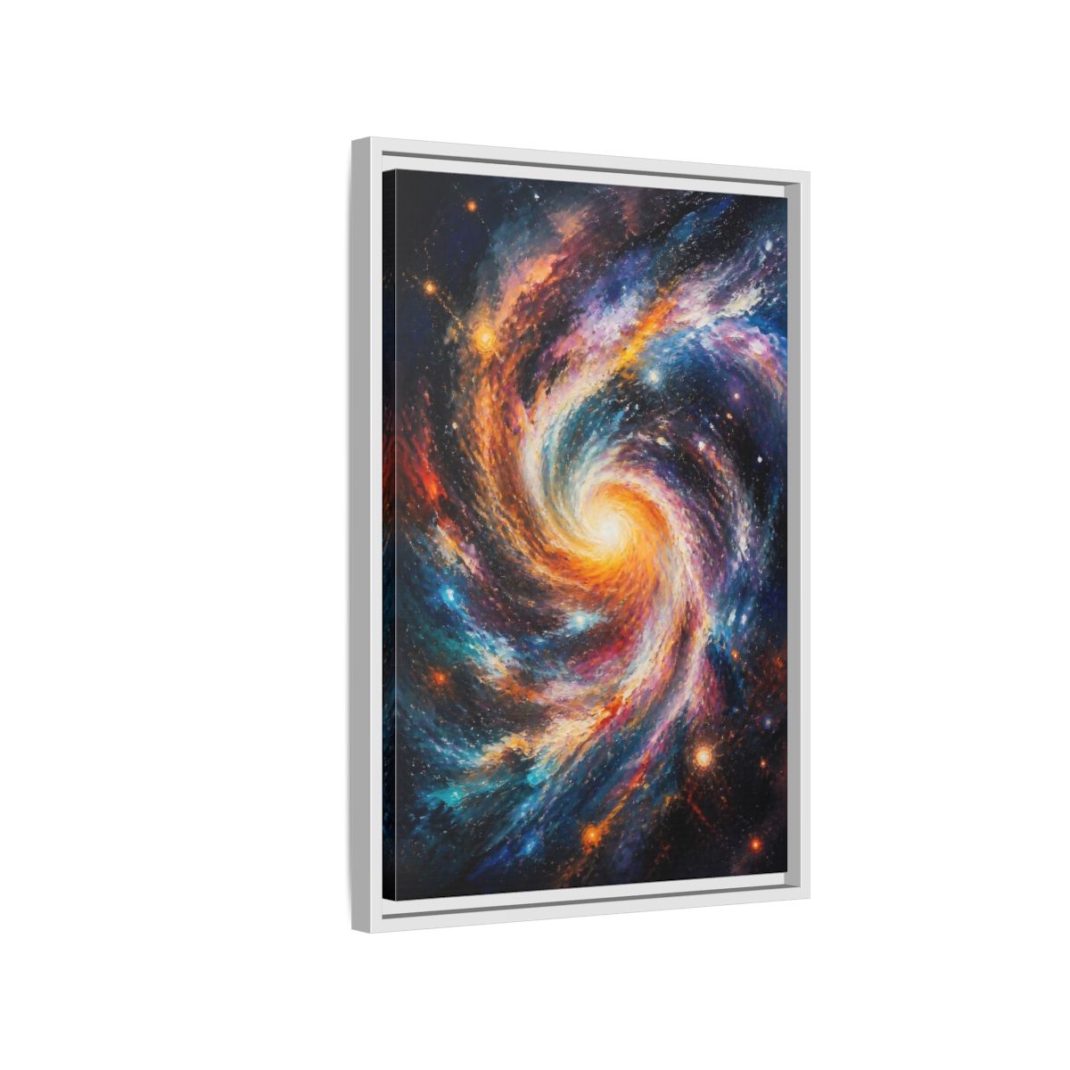 Side Mockup 1. Swirling Spiral Galaxy shown as framed canvas print