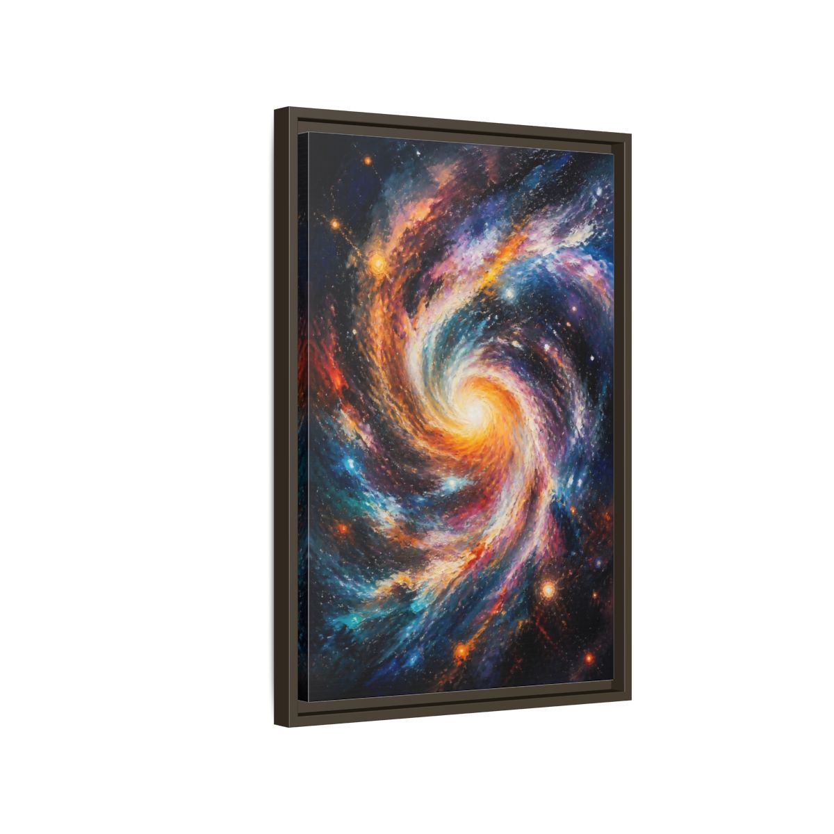 Side Mockup 2. Swirling Spiral Galaxy shown as framed canvas print
