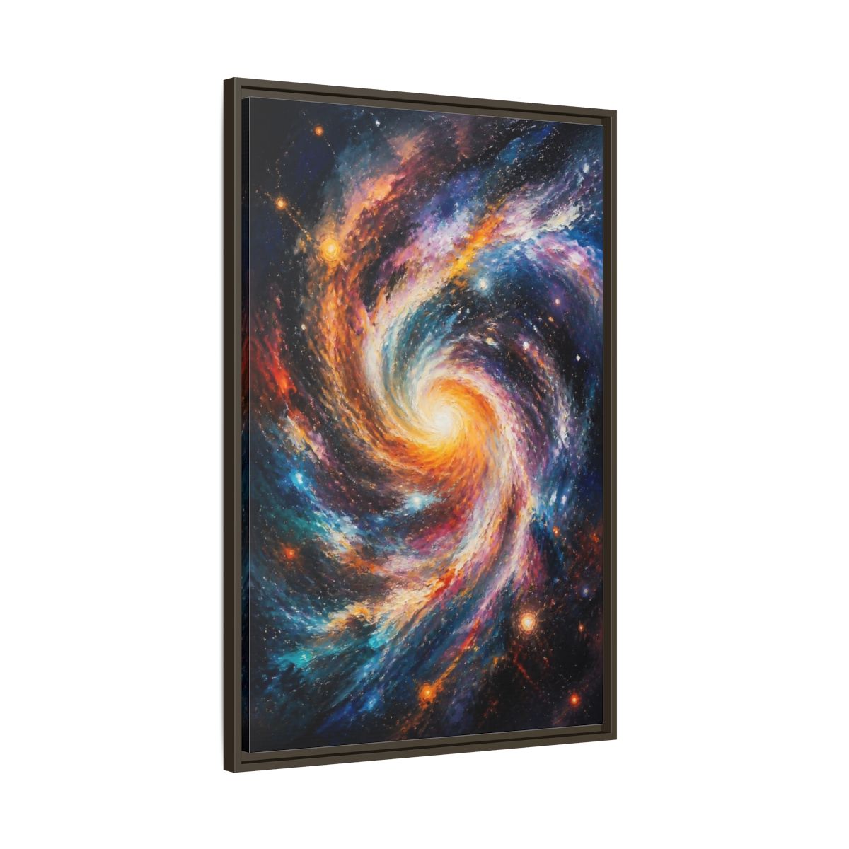 Main Mockup. Swirling Spiral Galaxy shown as framed canvas print