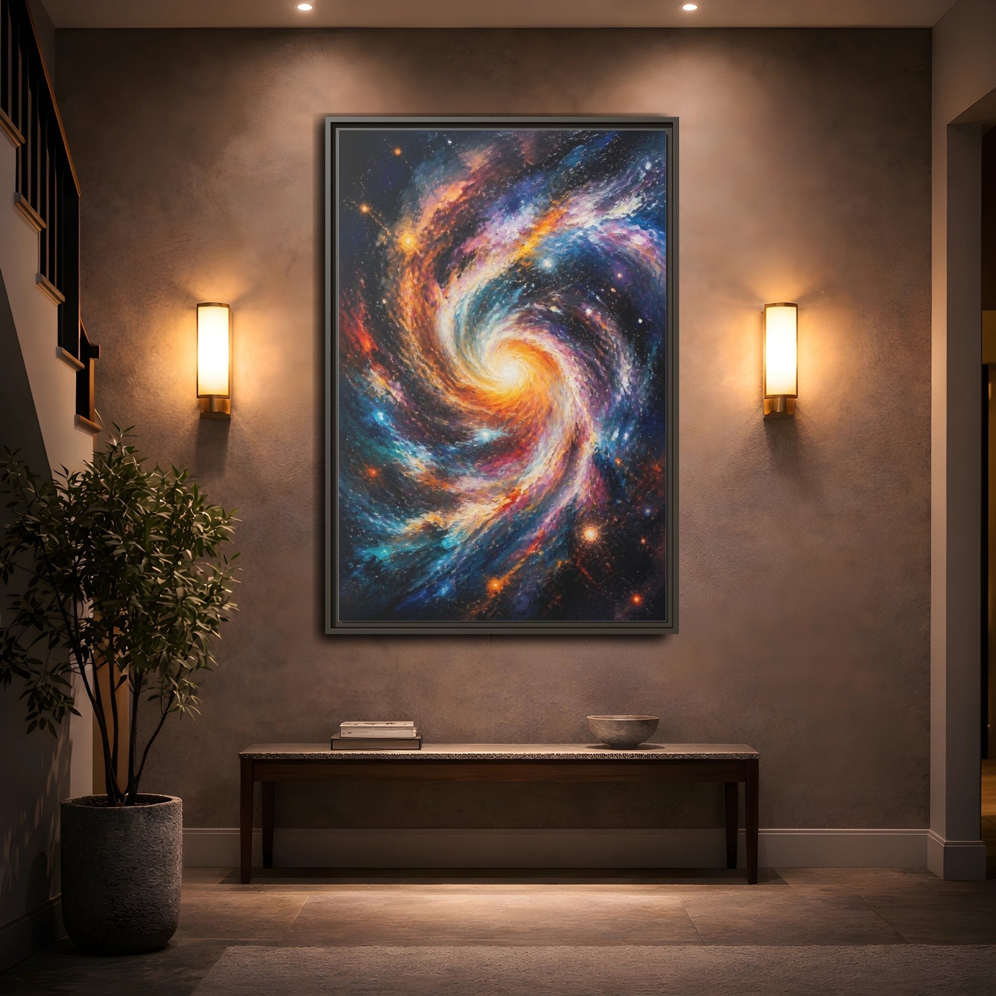 Mockup 2. Swirling Spiral Galaxy shown as framed canvas print