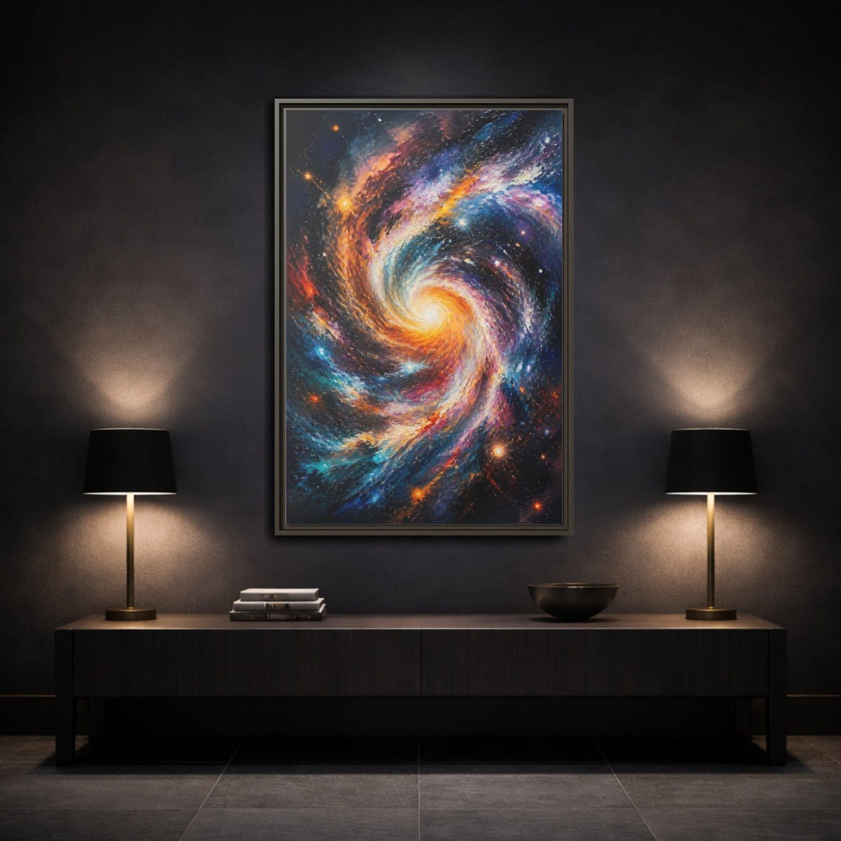 Mockup 3. Swirling Spiral Galaxy shown as framed canvas print