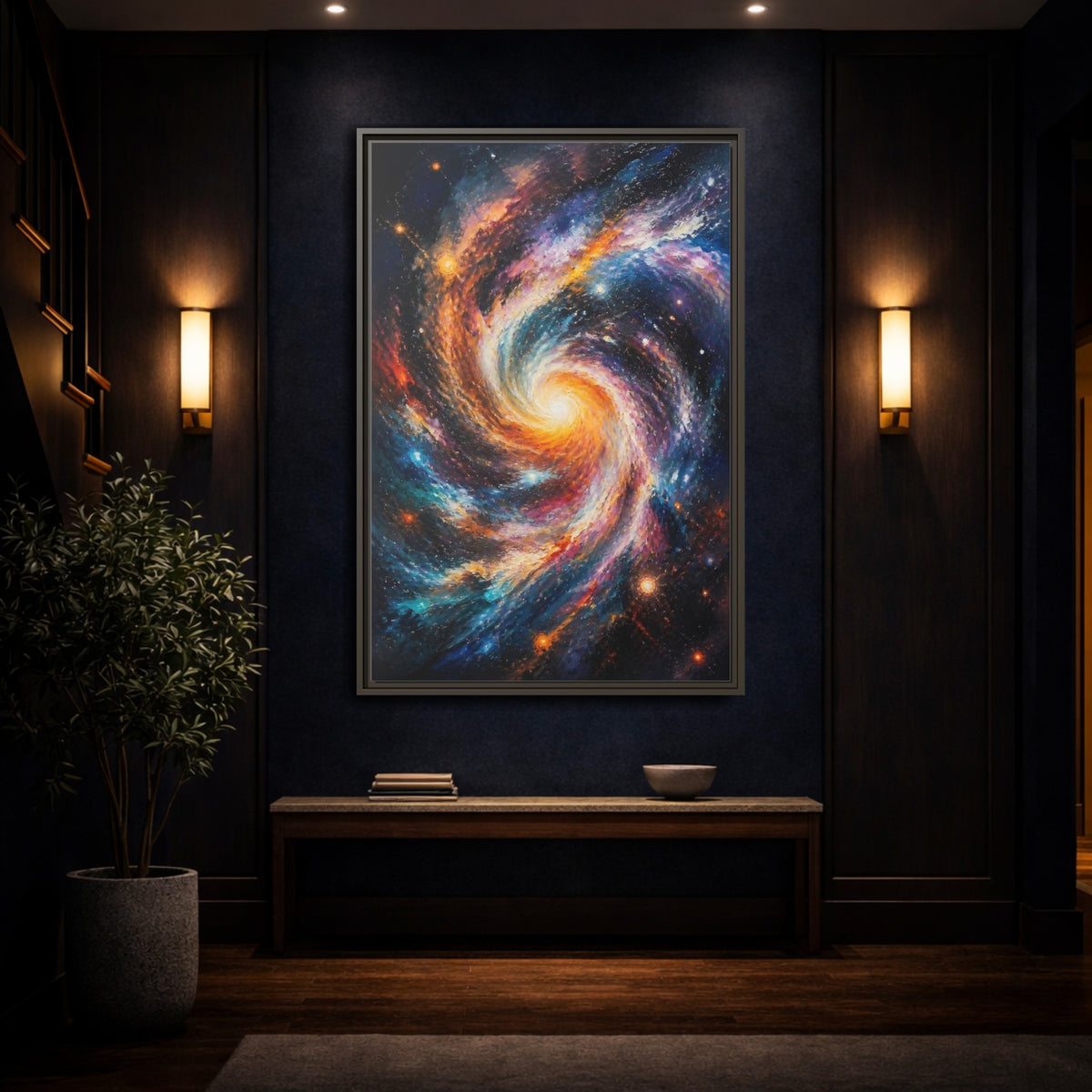 Mockup 4. Swirling Spiral Galaxy shown as framed canvas print