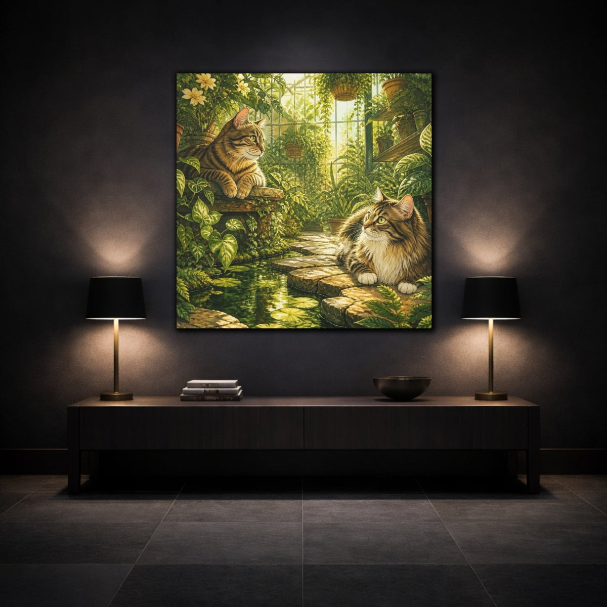 Tabby Pets In Greenhouse Canvas Print – Living Room, Above Console Table, Gold And Jade - YesArtYes