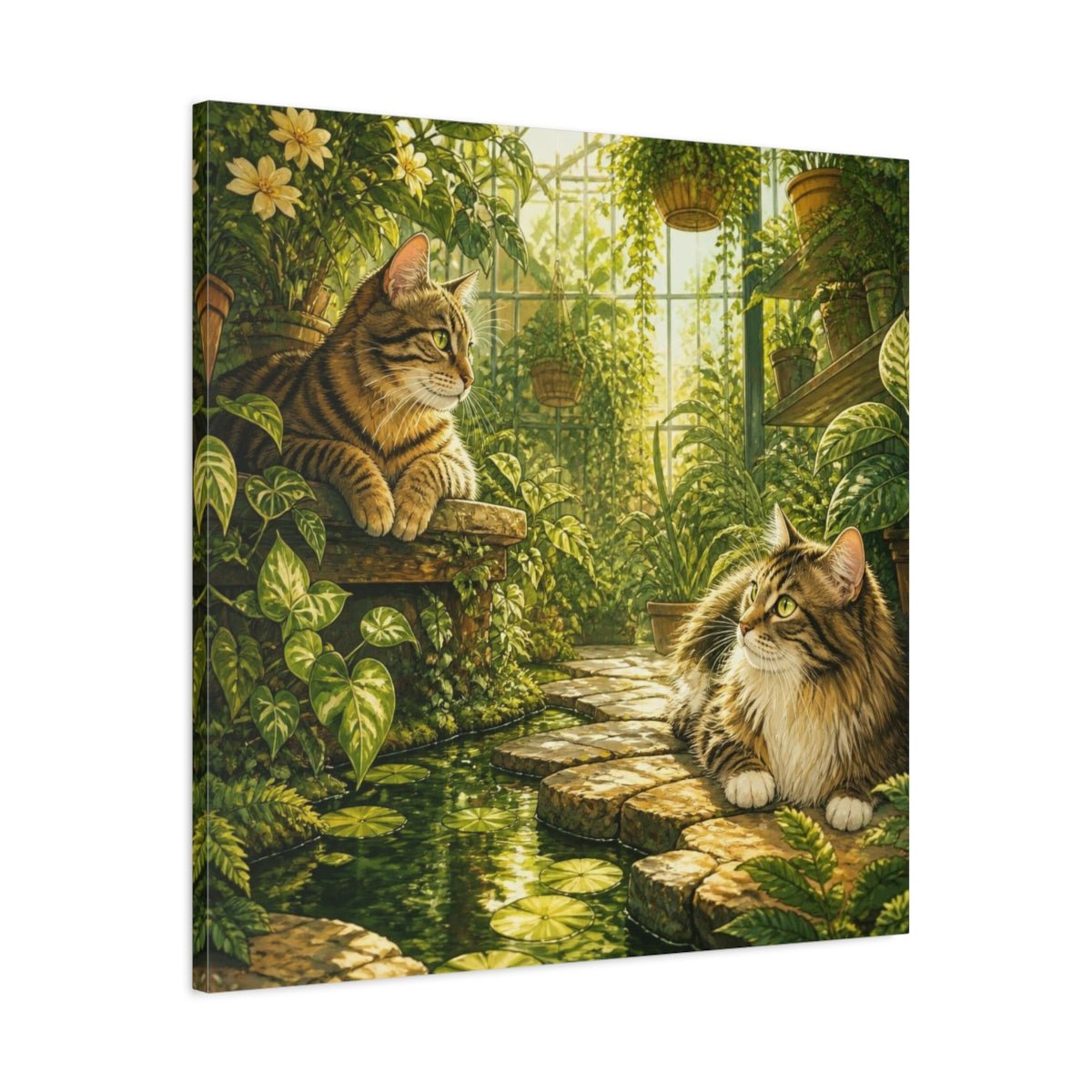 Tabby Pets In Greenhouse Canvas Print – Living Room, Above Console Table, Gold And Jade - YesArtYes