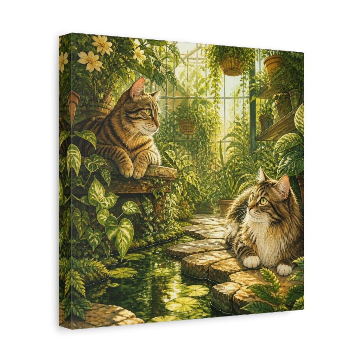 Tabby Pets In Greenhouse Canvas Print – Living Room, Above Console Table, Gold And Jade - YesArtYes