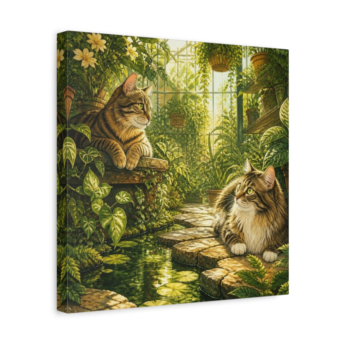 Tabby Pets In Greenhouse Canvas Print – Living Room, Above Console Table, Gold And Jade - YesArtYes