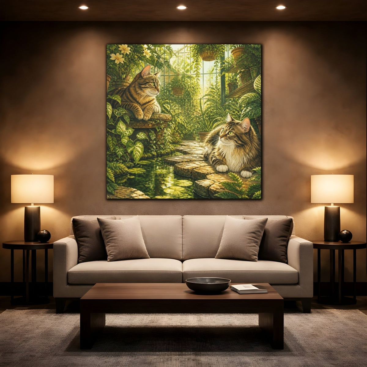Tabby Pets In Greenhouse Canvas Print – Living Room, Above Console Table, Gold And Jade - YesArtYes
