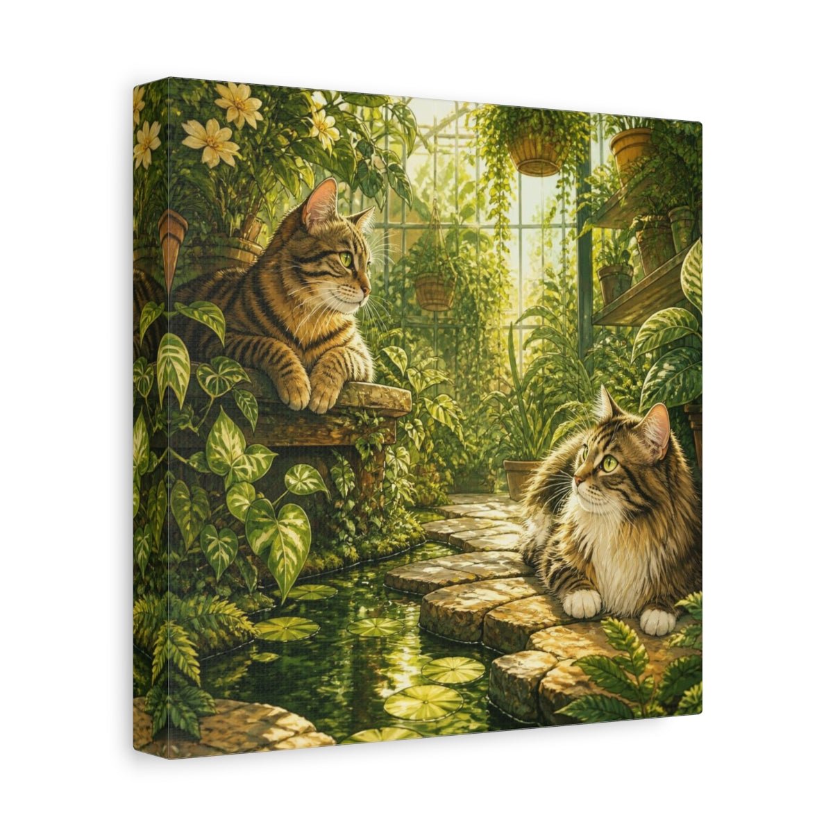 Tabby Pets In Greenhouse Canvas Print – Living Room, Above Console Table, Gold And Jade - YesArtYes