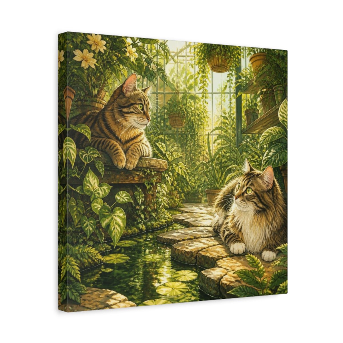 Tabby Pets In Greenhouse Canvas Print – Living Room, Above Console Table, Gold And Jade - YesArtYes
