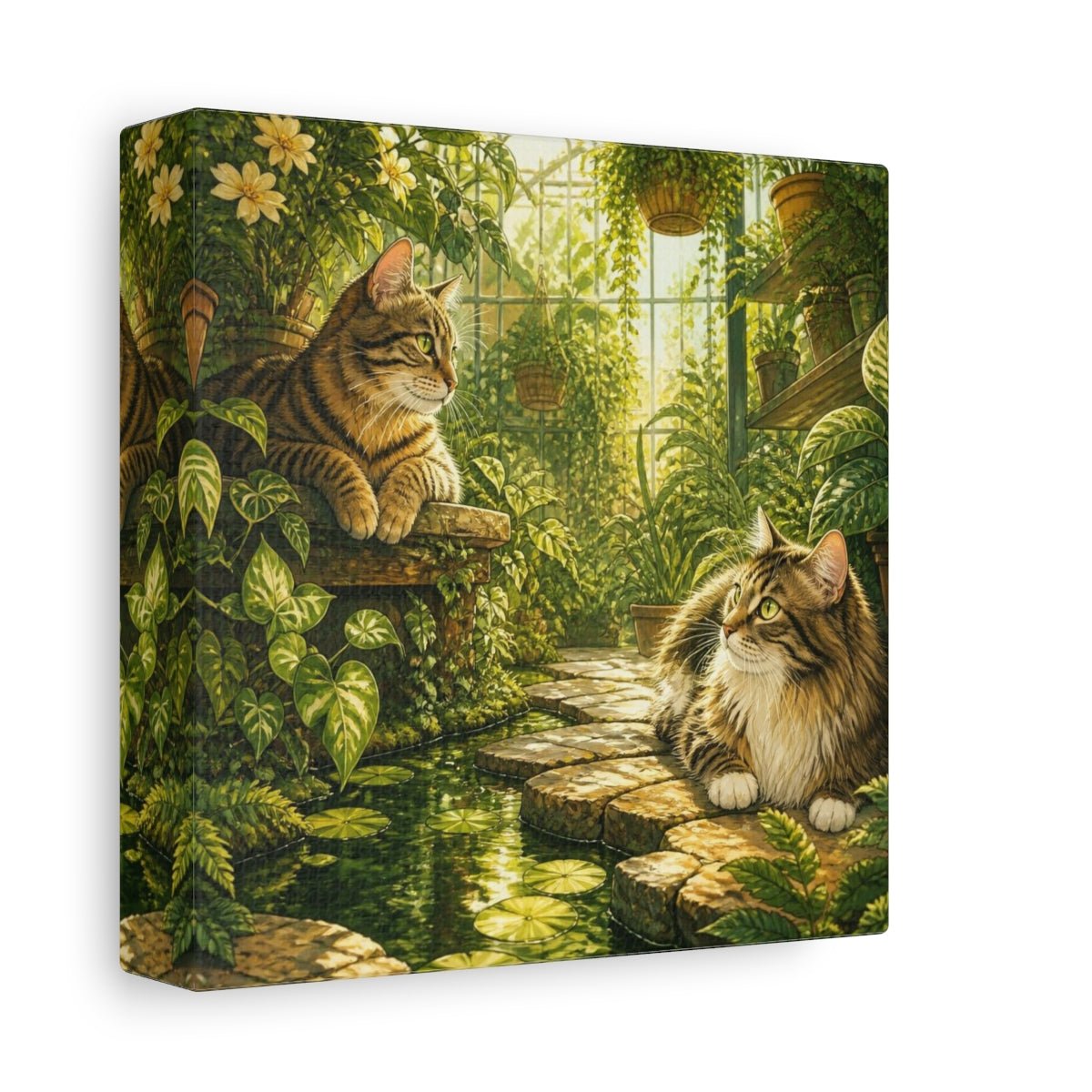 Tabby Pets In Greenhouse Canvas Print – Living Room, Above Console Table, Gold And Jade - YesArtYes