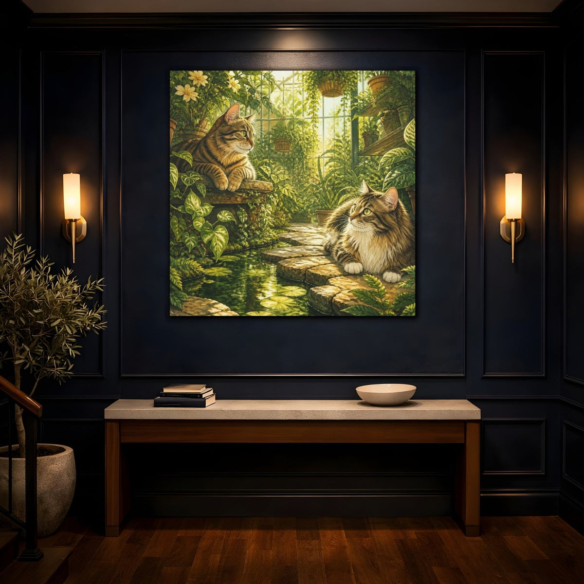 Tabby Pets In Greenhouse Canvas Print – Living Room, Above Console Table, Gold And Jade - YesArtYes